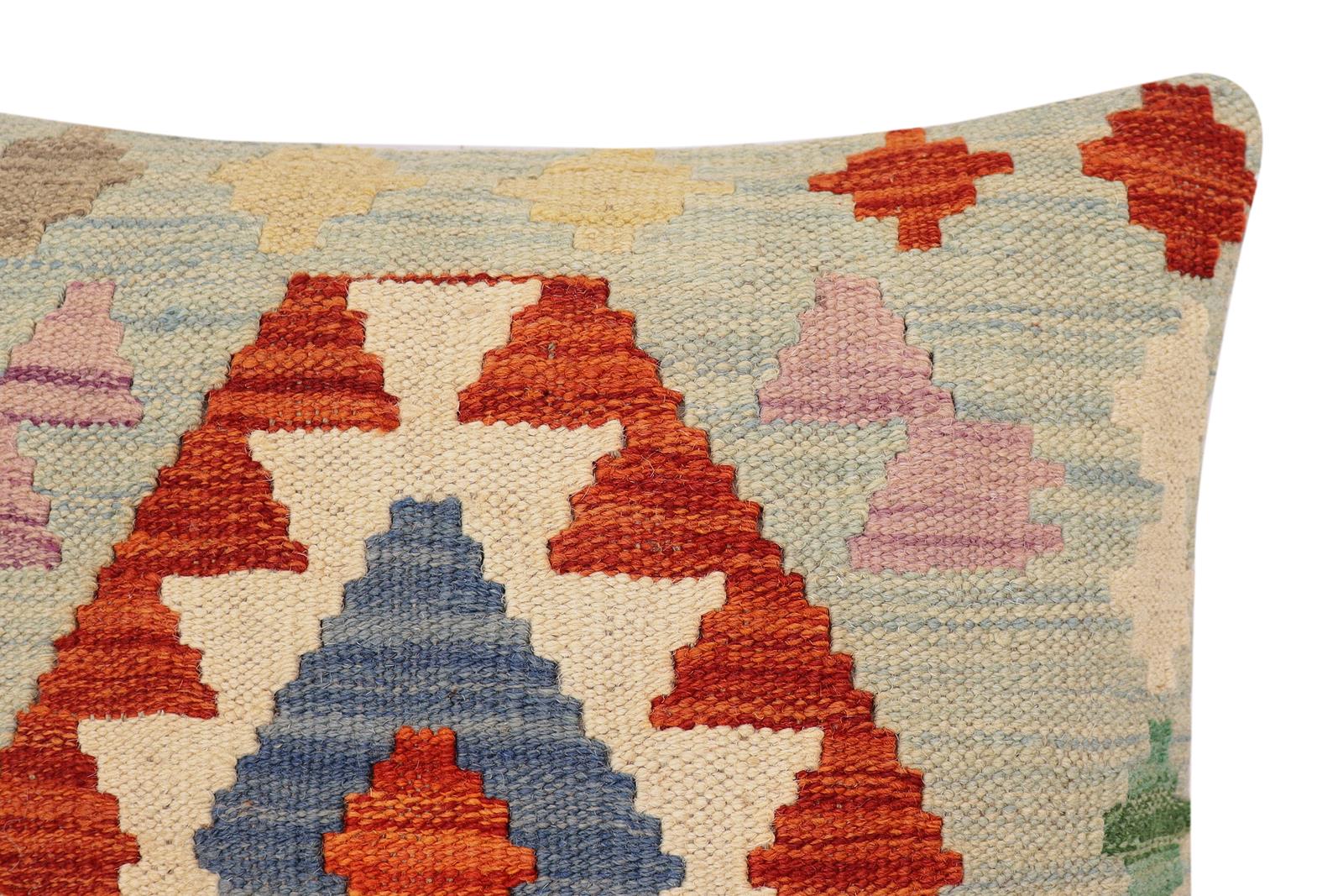 handmade Traditional Pillow Blue Rust Hand-Woven SQUARE 100% WOOL Hand woven turkish pillow2 x 2