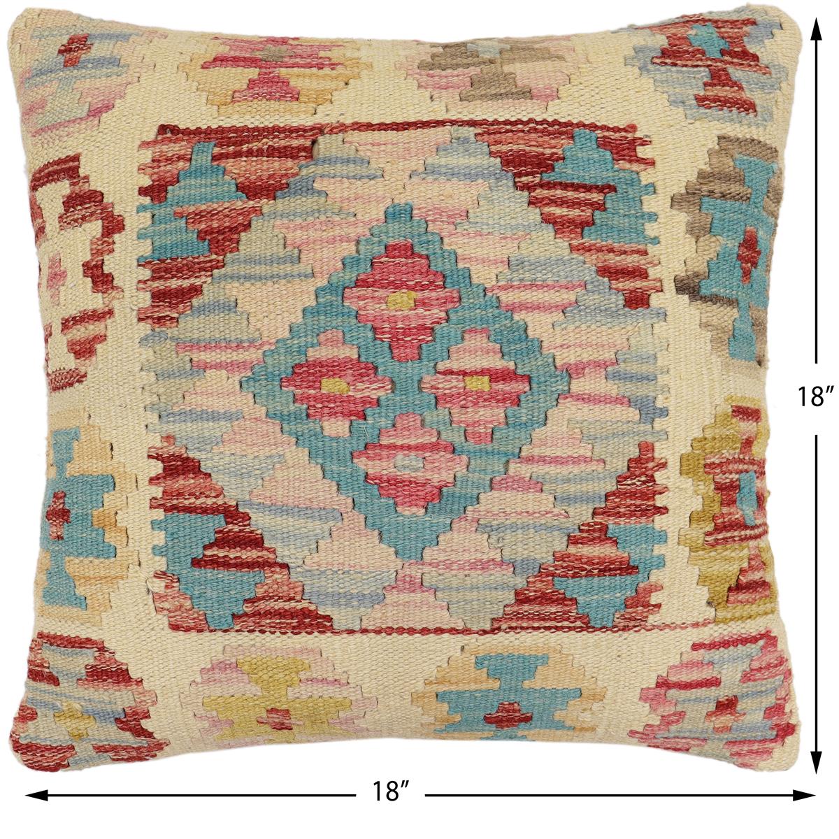 handmade Traditional Pillow Beige Blue Hand-Woven SQUARE 100% WOOL Hand woven turkish pillow2 x 2