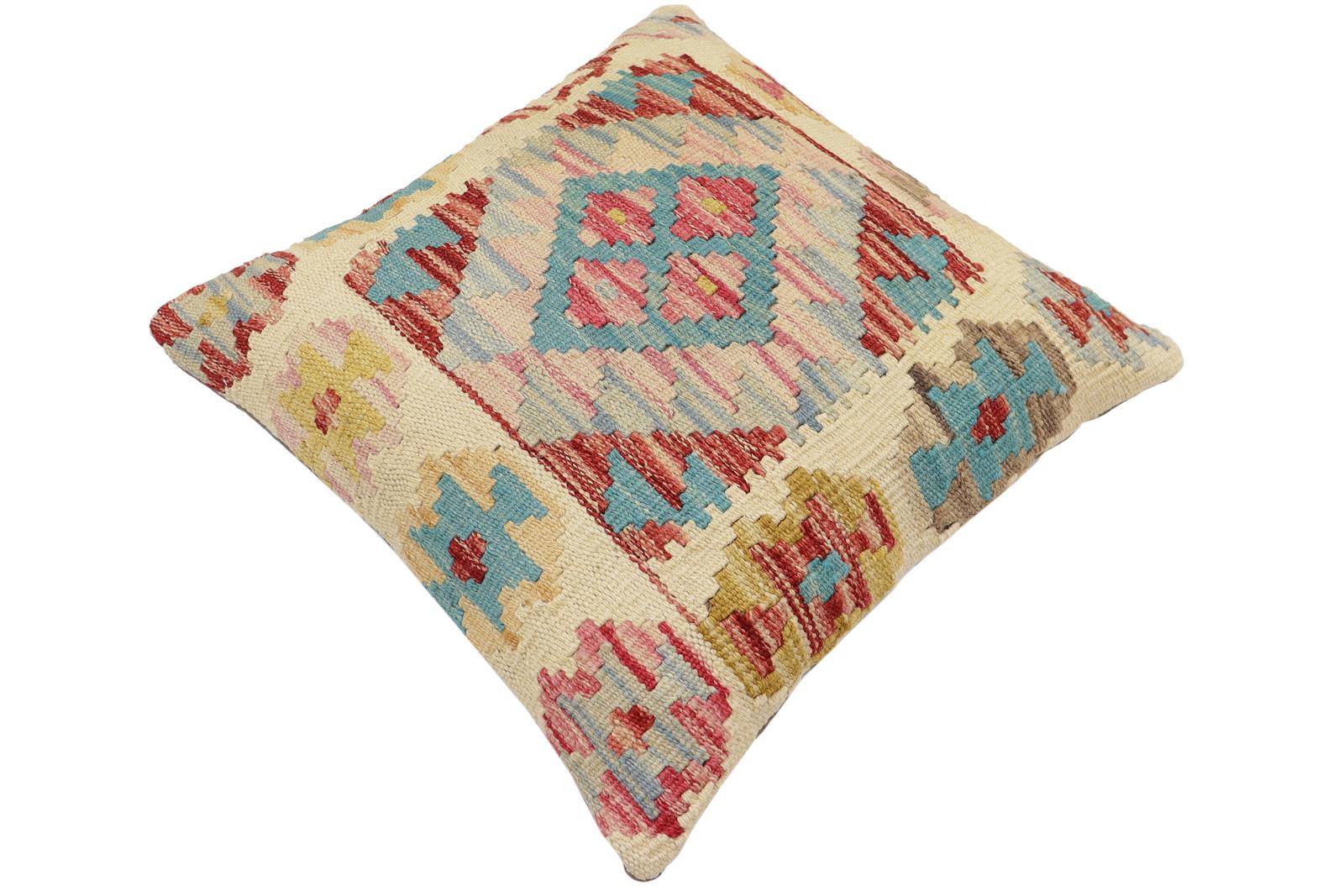 handmade Traditional Pillow Beige Blue Hand-Woven SQUARE 100% WOOL Hand woven turkish pillow2 x 2