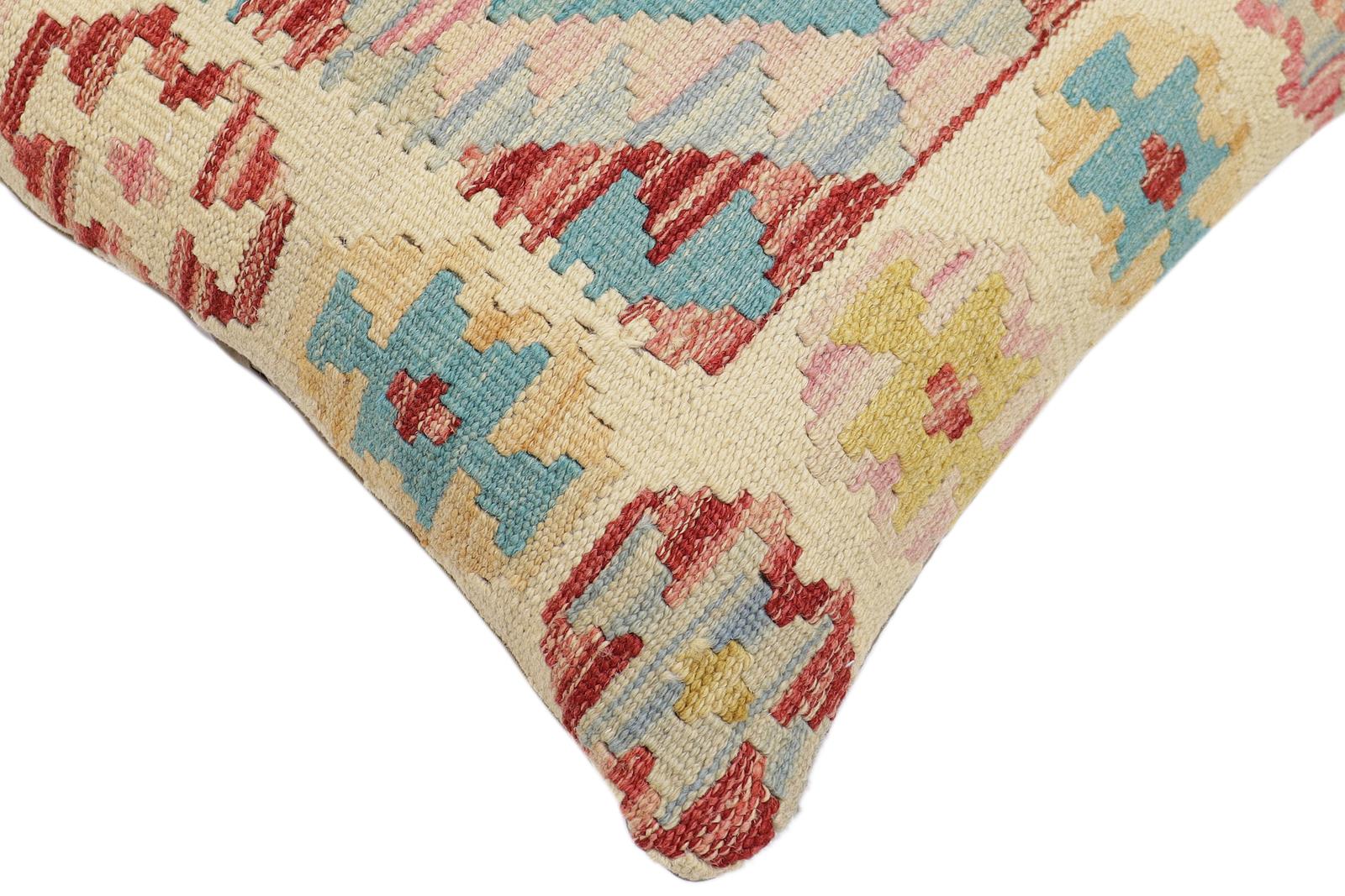 handmade Traditional Pillow Beige Blue Hand-Woven SQUARE 100% WOOL Hand woven turkish pillow2 x 2
