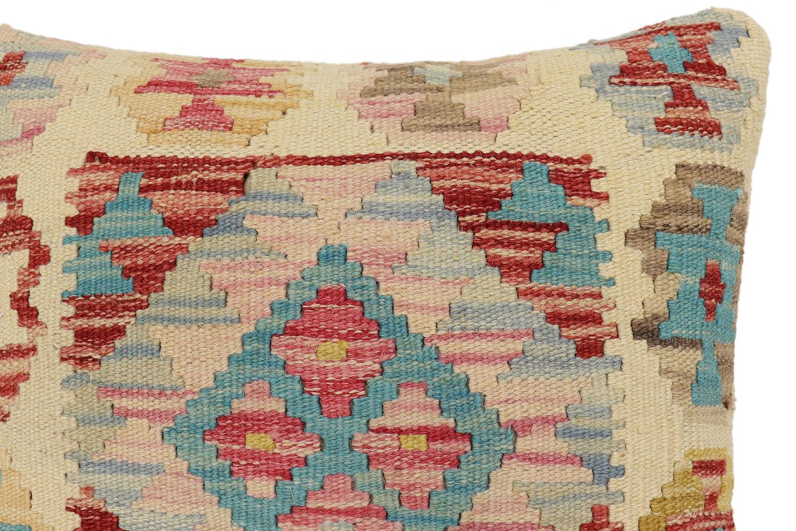 handmade Traditional Pillow Beige Blue Hand-Woven SQUARE 100% WOOL Hand woven turkish pillow2 x 2