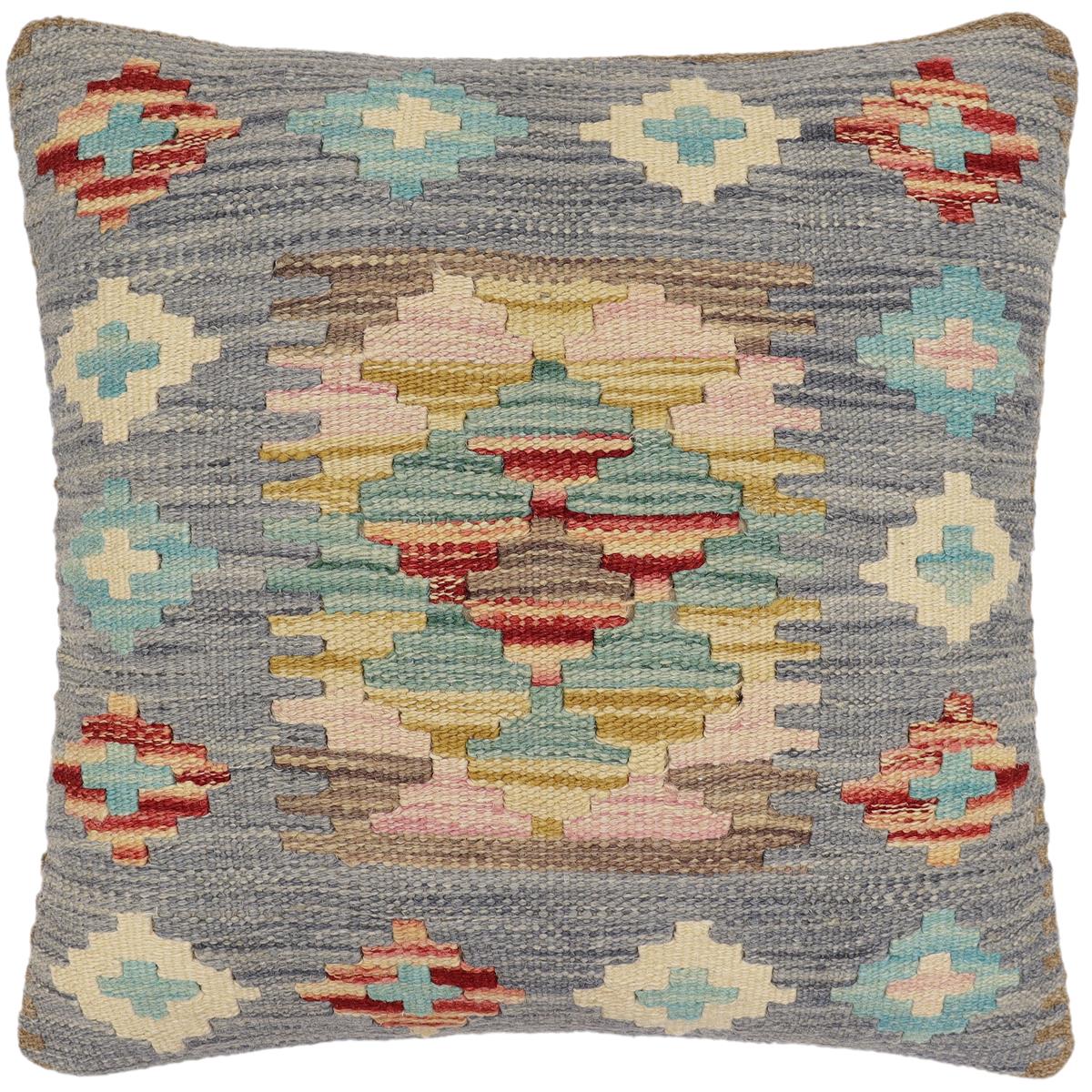 handmade Traditional Pillow Blue Beige Hand-Woven SQUARE 100% WOOL Hand woven turkish pillow2 x 2