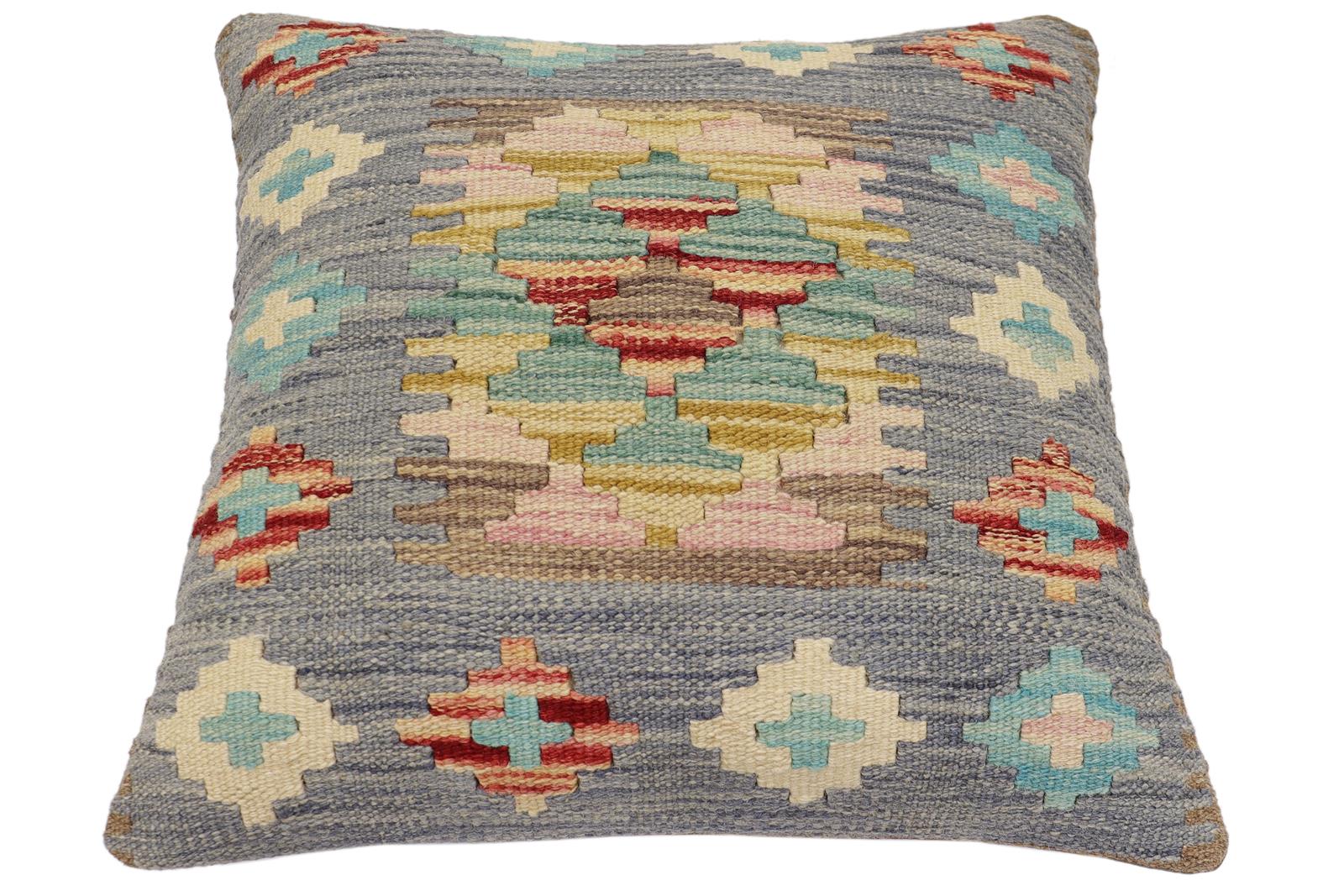 handmade Traditional Pillow Blue Beige Hand-Woven SQUARE 100% WOOL Hand woven turkish pillow2 x 2