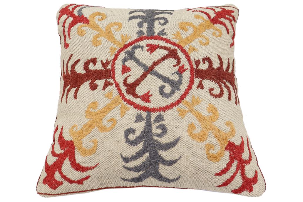 handmade Traditional Pillow Beige Red Hand-Woven SQUARE 100% WOOL Handmade pillow