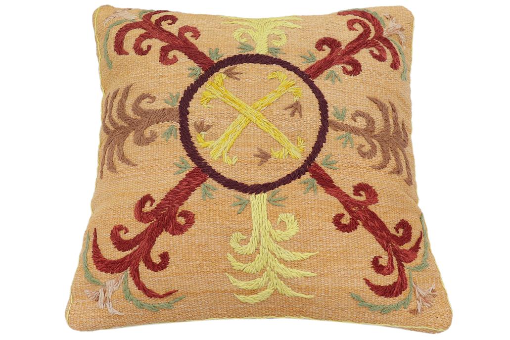 handmade Traditional Pillow Orange Red Hand-Woven SQUARE 100% WOOL Handmade pillow