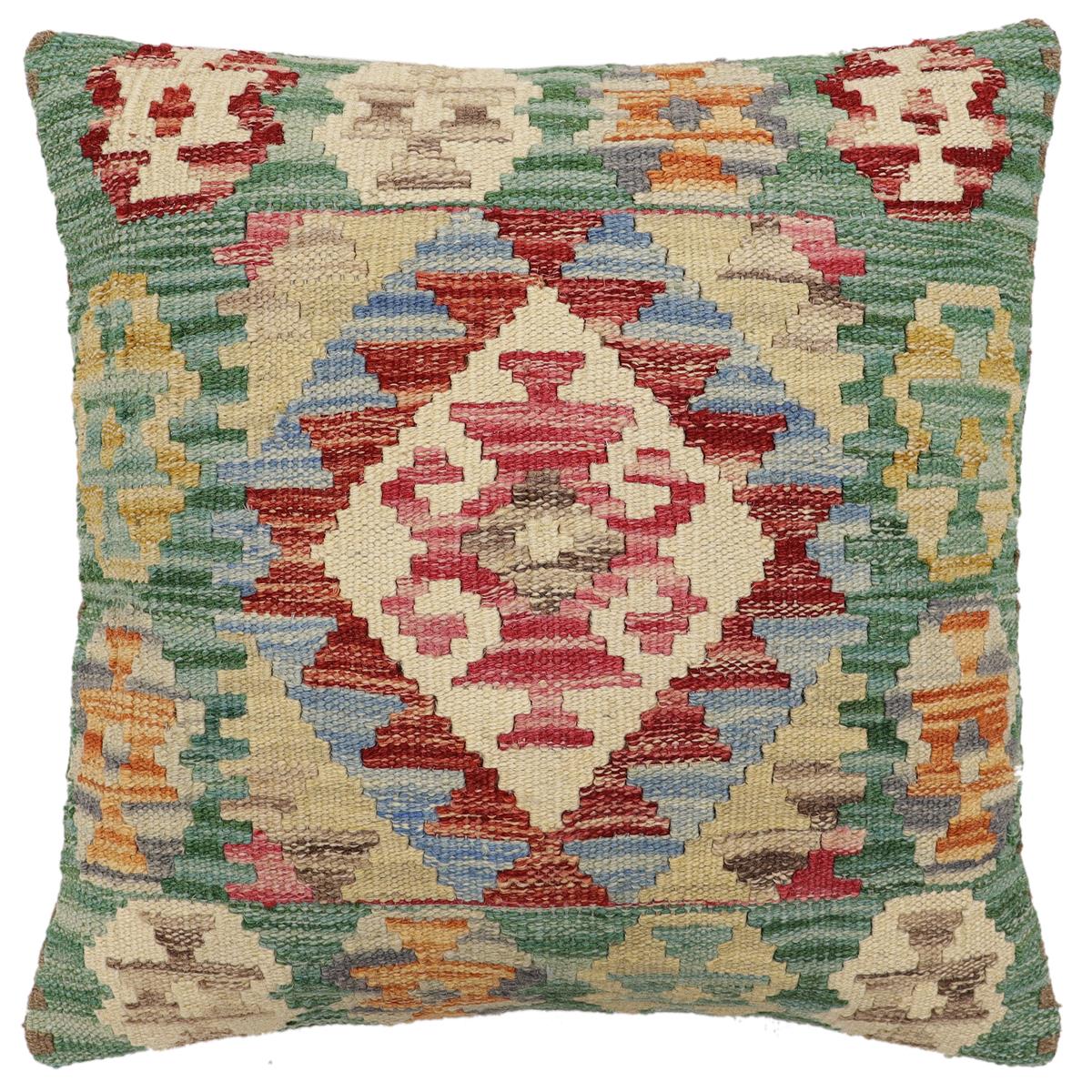 handmade Traditional Pillow Green Beige Hand-Woven SQUARE 100% WOOL Hand woven turkish pillow2 x 2