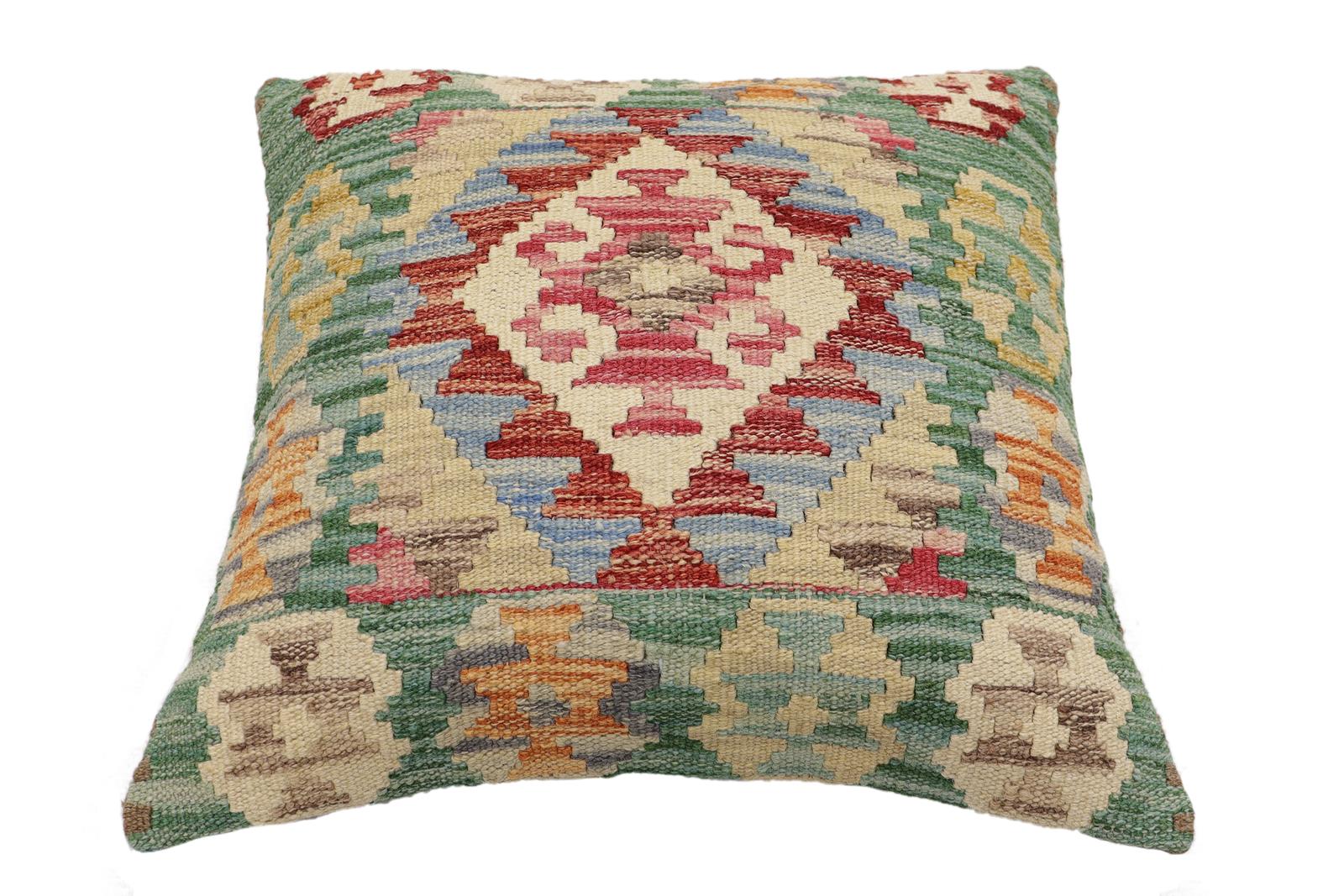 handmade Traditional Pillow Green Beige Hand-Woven SQUARE 100% WOOL Hand woven turkish pillow2 x 2