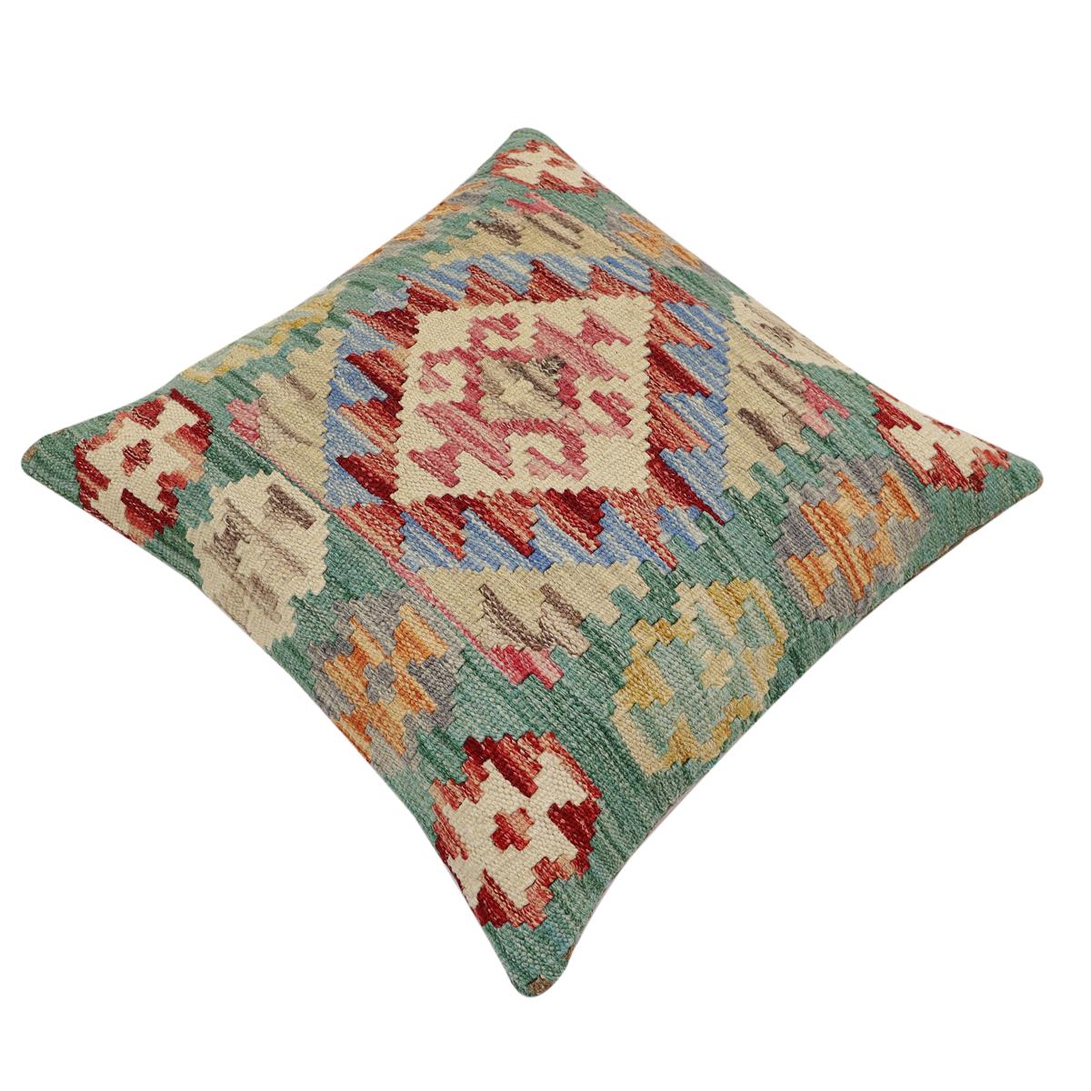 handmade Traditional Pillow Green Beige Hand-Woven SQUARE 100% WOOL Hand woven turkish pillow2 x 2