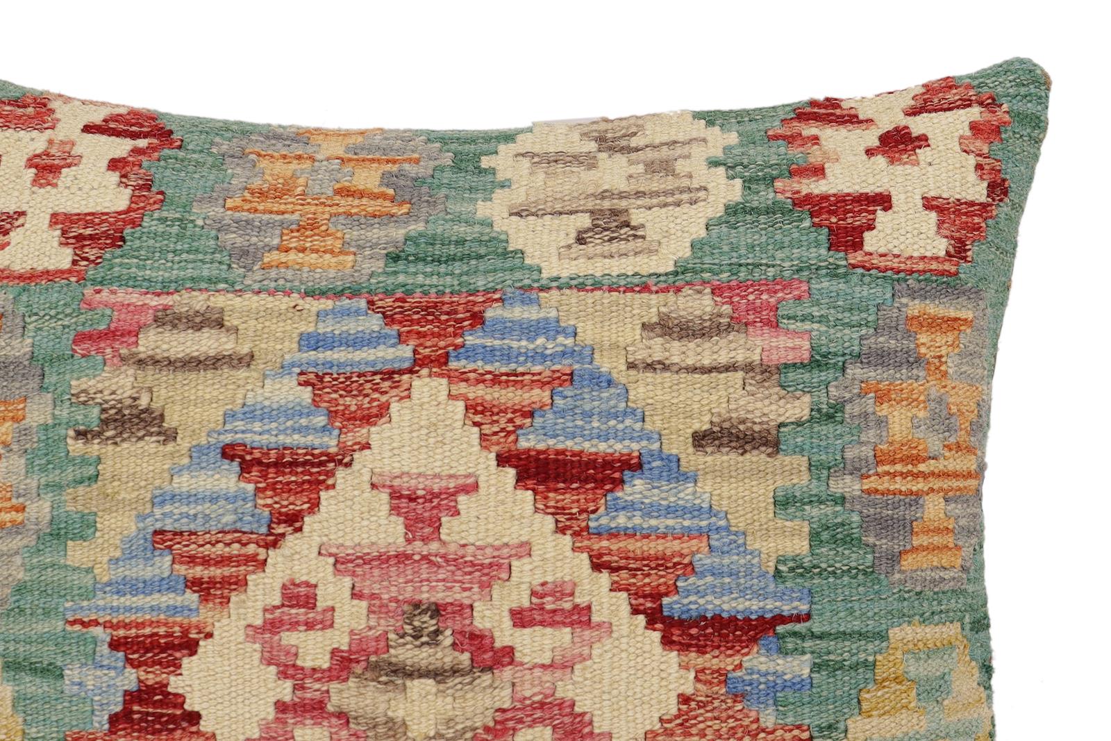 handmade Traditional Pillow Green Beige Hand-Woven SQUARE 100% WOOL Hand woven turkish pillow2 x 2