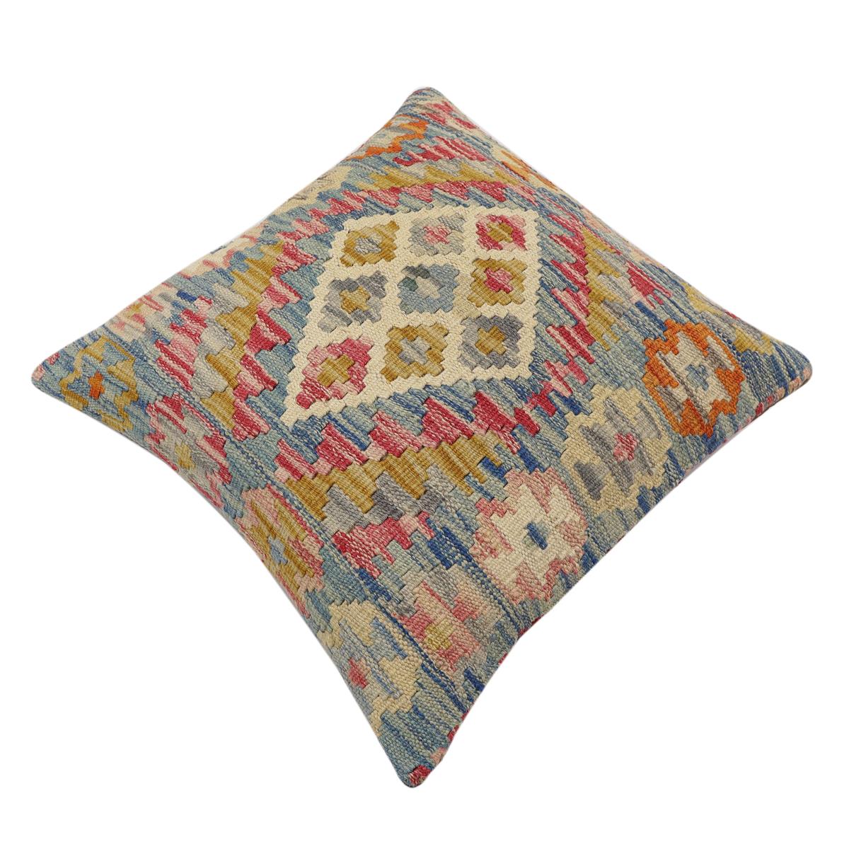 handmade Traditional Pillow Blue Beige Hand-Woven SQUARE 100% WOOL Hand woven turkish pillow2 x 2