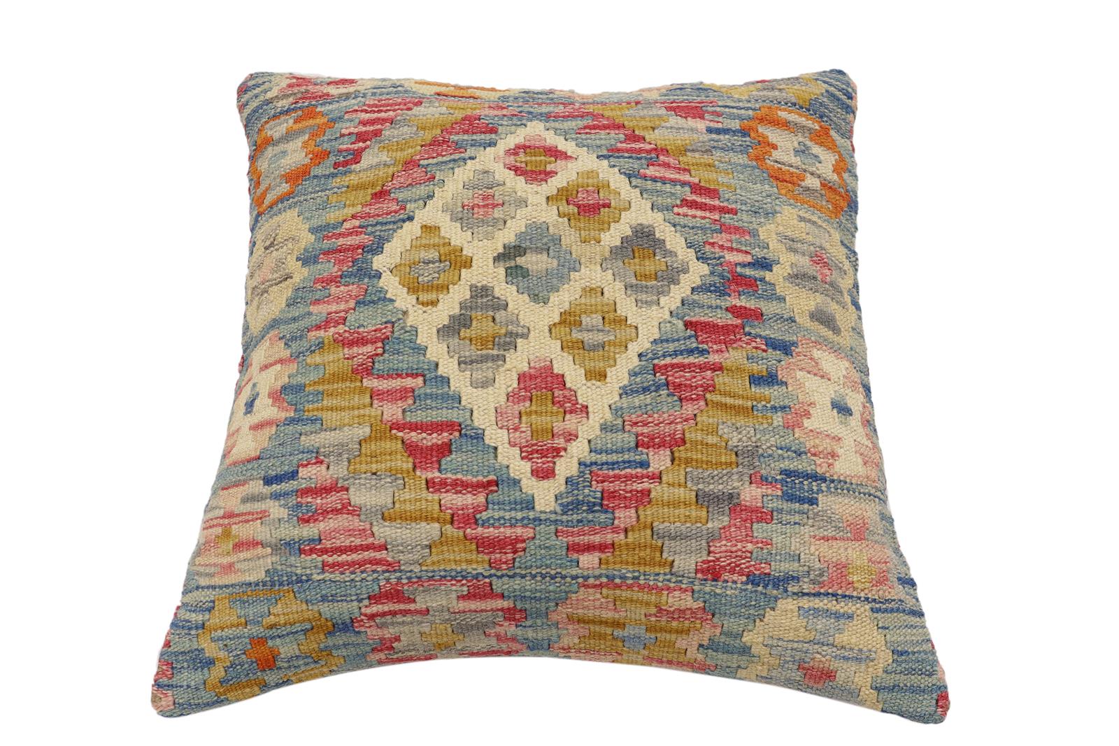 handmade Traditional Pillow Blue Beige Hand-Woven SQUARE 100% WOOL Hand woven turkish pillow2 x 2