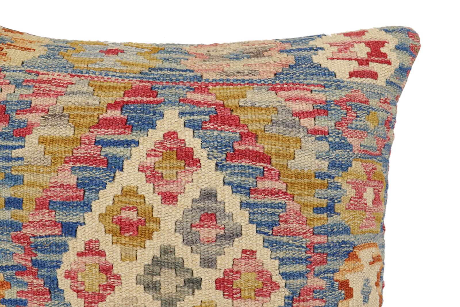 handmade Traditional Pillow Blue Beige Hand-Woven SQUARE 100% WOOL Hand woven turkish pillow2 x 2