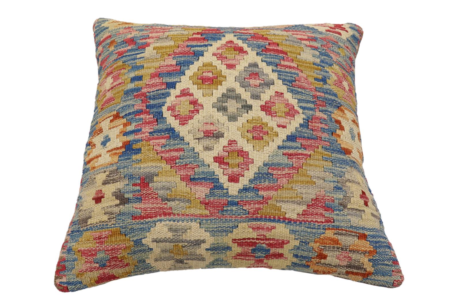 handmade Traditional Pillow Blue Beige Hand-Woven SQUARE 100% WOOL Hand woven turkish pillow2 x 2