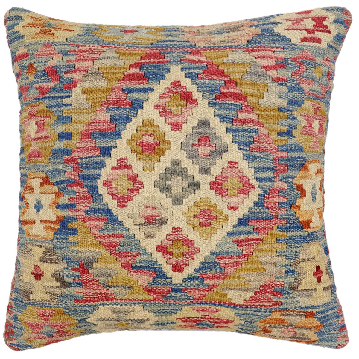 handmade Traditional Pillow Blue Beige Hand-Woven SQUARE 100% WOOL Hand woven turkish pillow2 x 2