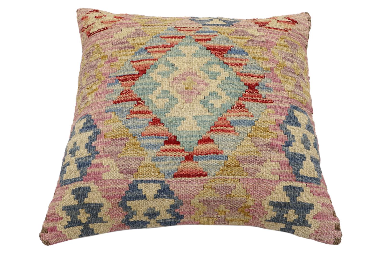 handmade Traditional Pillow Blue Beige Hand-Woven SQUARE 100% WOOL Hand woven turkish pillow2 x 2