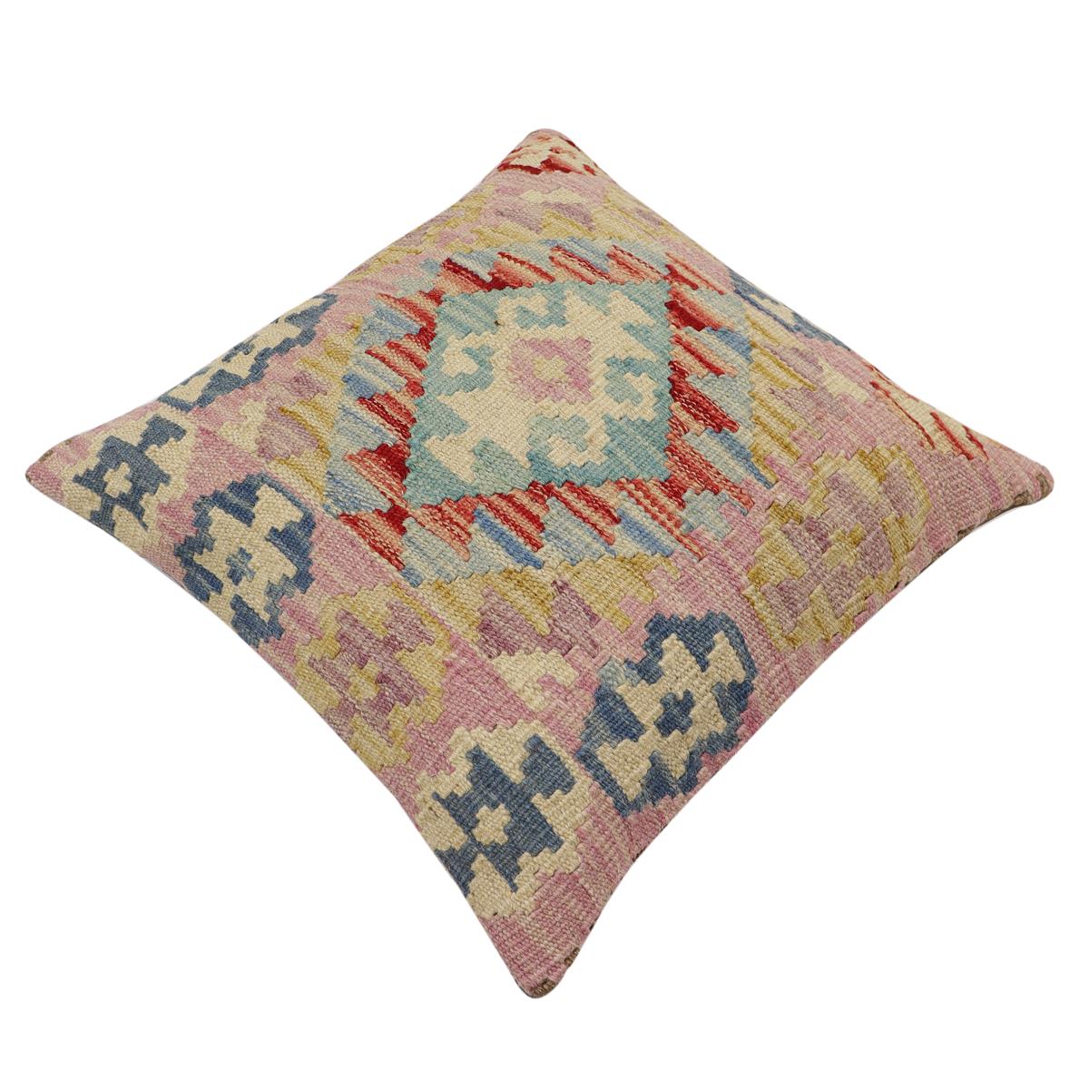 handmade Traditional Pillow Blue Beige Hand-Woven SQUARE 100% WOOL Hand woven turkish pillow2 x 2