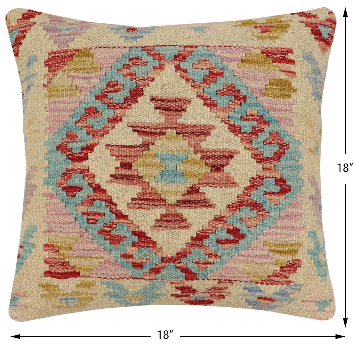 handmade Traditional Pillow Beige Blue Hand-Woven SQUARE 100% WOOL Hand woven turkish pillow2 x 2