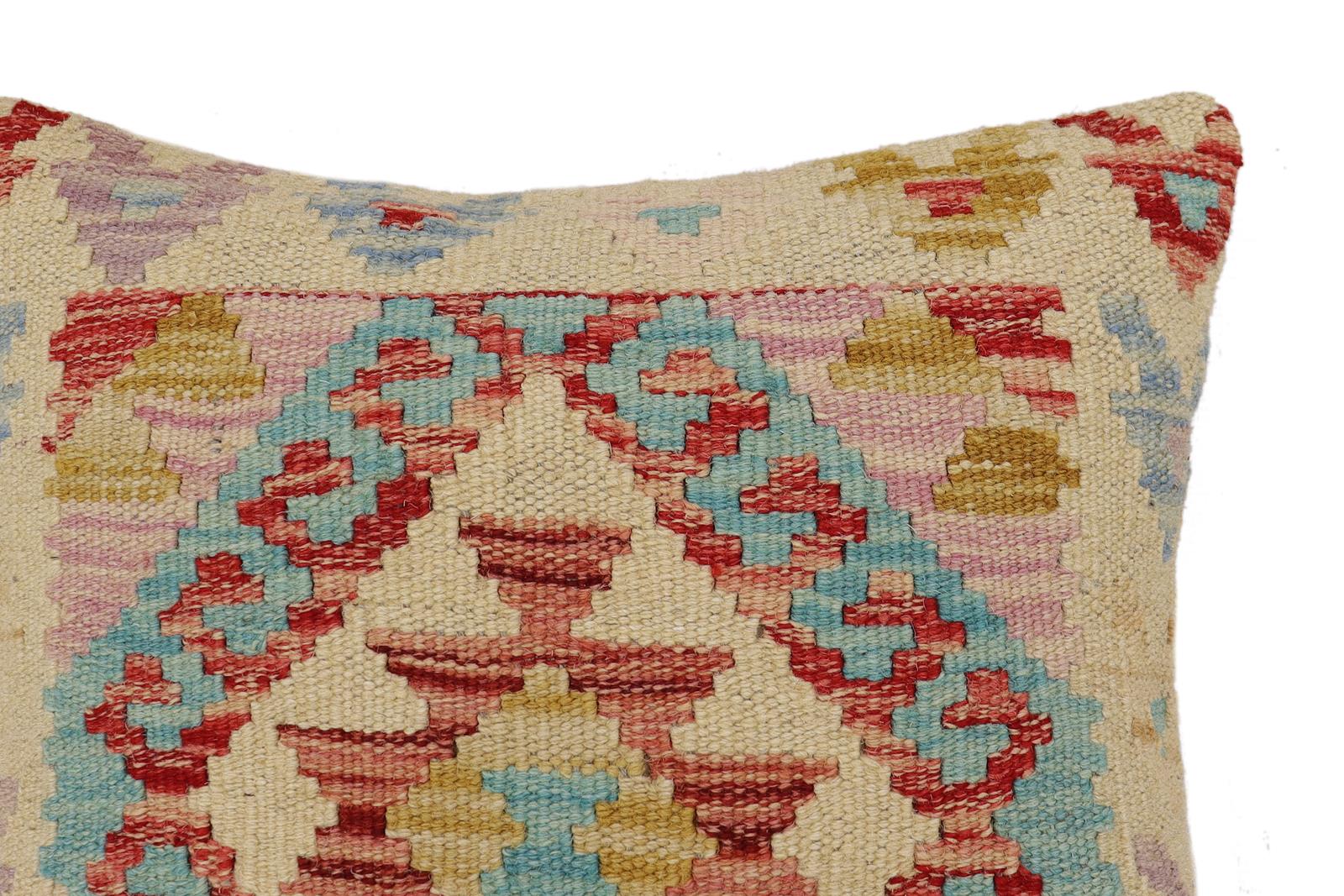 handmade Traditional Pillow Beige Blue Hand-Woven SQUARE 100% WOOL Hand woven turkish pillow2 x 2