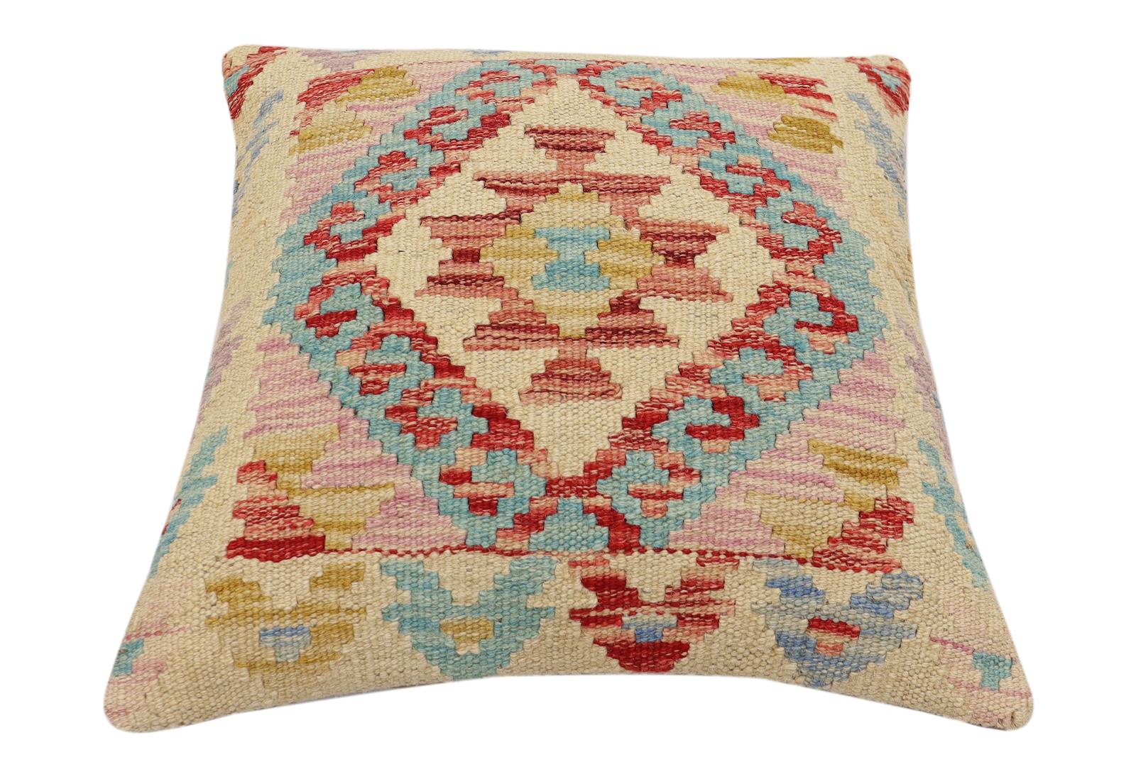 handmade Traditional Pillow Beige Blue Hand-Woven SQUARE 100% WOOL Hand woven turkish pillow2 x 2