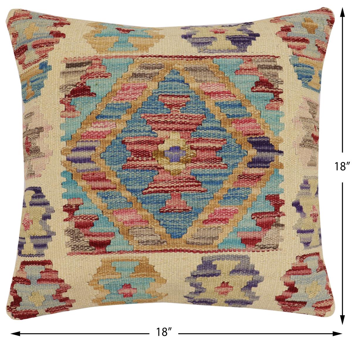 handmade Traditional Pillow Beige Blue Hand-Woven SQUARE 100% WOOL Hand woven turkish pillow2 x 2