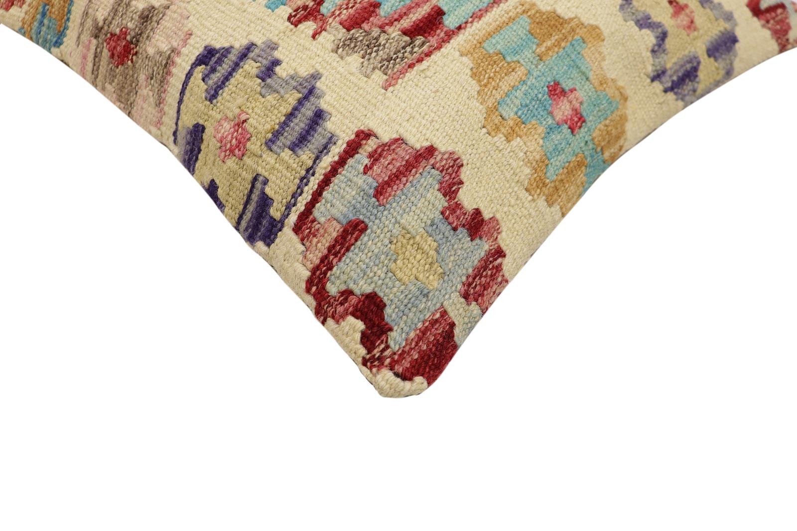 handmade Traditional Pillow Beige Blue Hand-Woven SQUARE 100% WOOL Hand woven turkish pillow2 x 2