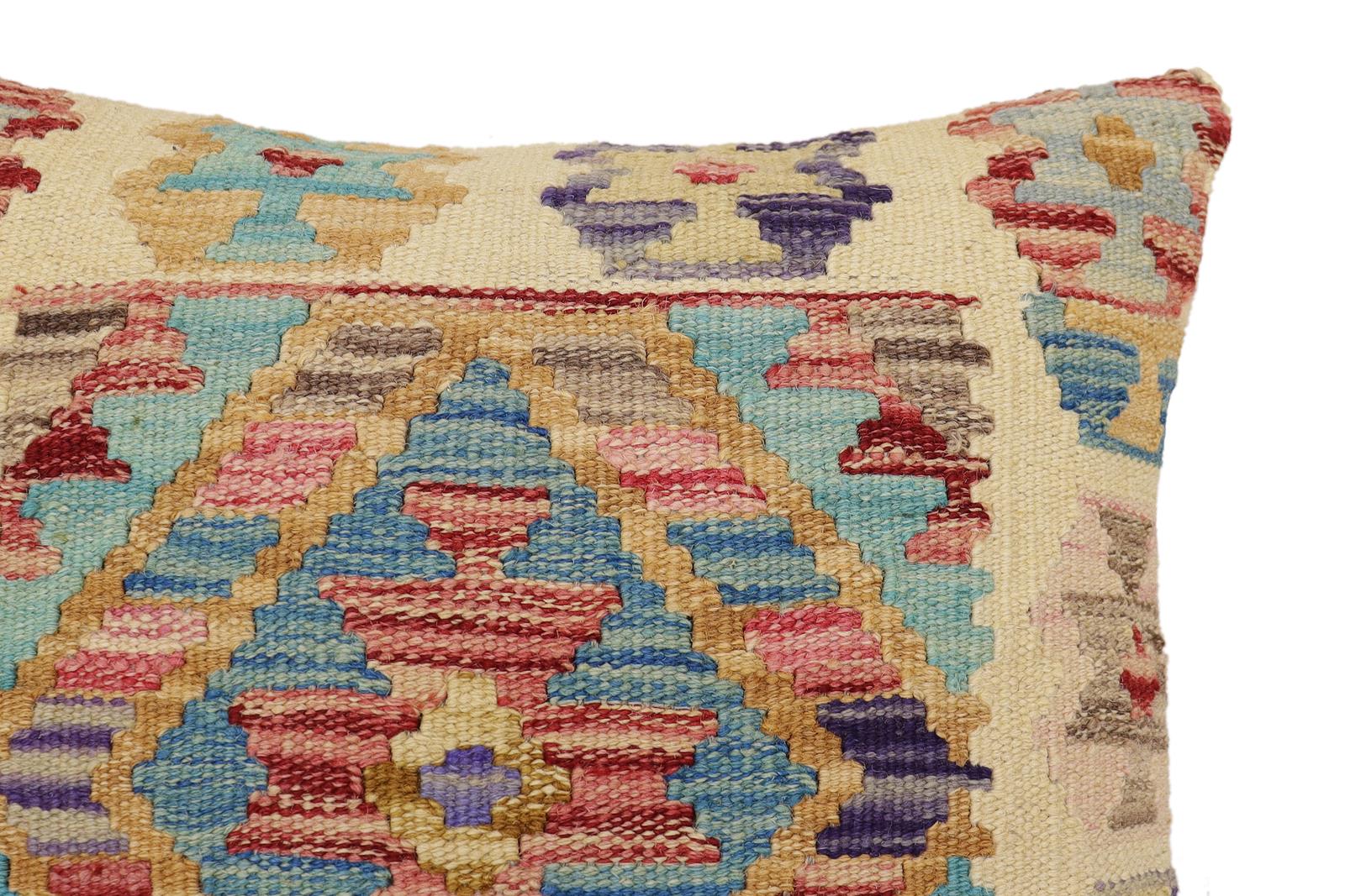 handmade Traditional Pillow Beige Blue Hand-Woven SQUARE 100% WOOL Hand woven turkish pillow2 x 2