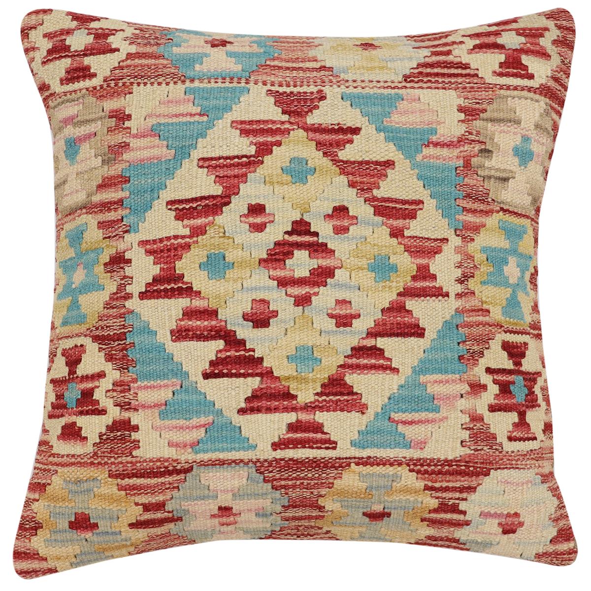 handmade Traditional Pillow Rust Blue Hand-Woven SQUARE 100% WOOL Hand woven turkish pillow2 x 2