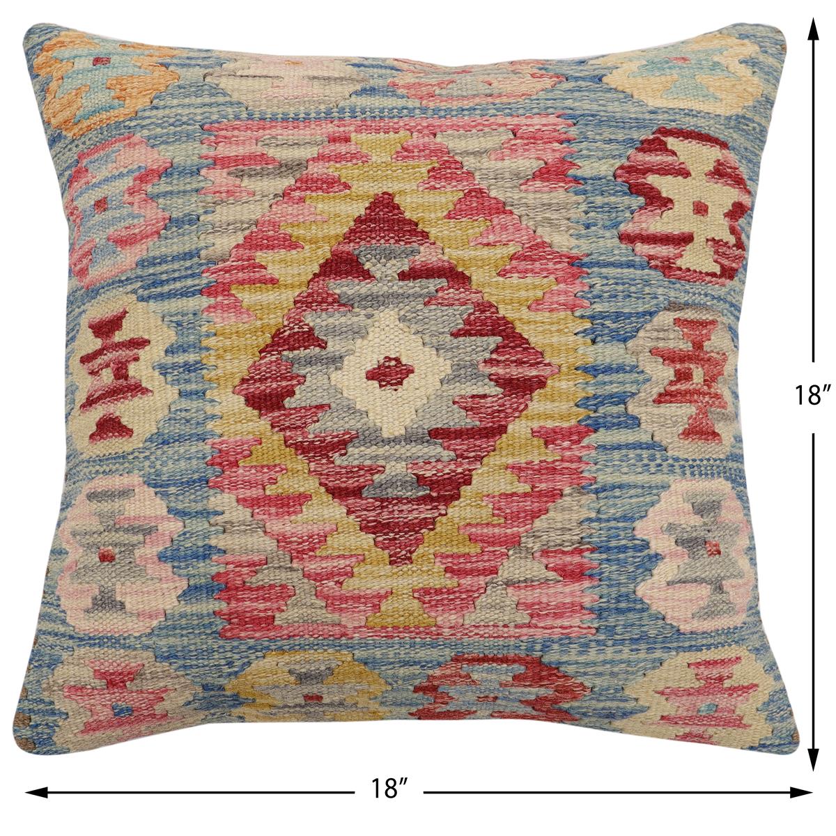 handmade Traditional Pillow Blue Gold Hand-Woven SQUARE 100% WOOL Hand woven turkish pillow2 x 2