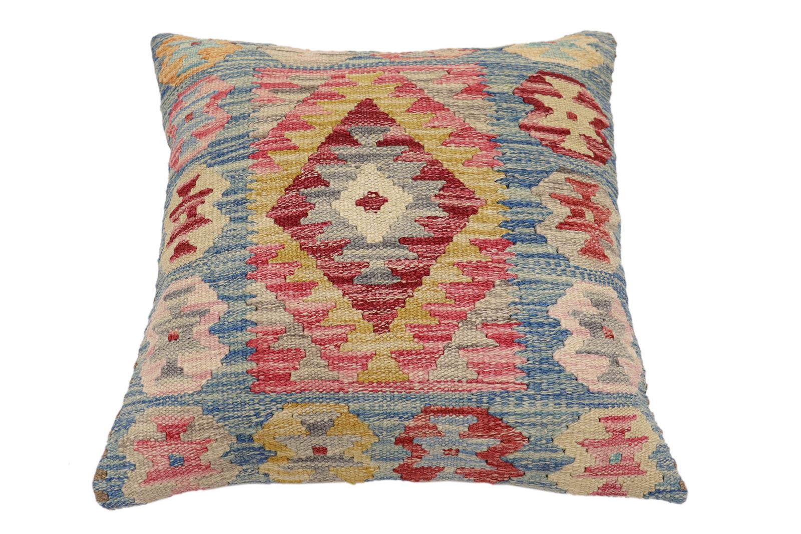 handmade Traditional Pillow Blue Gold Hand-Woven SQUARE 100% WOOL Hand woven turkish pillow2 x 2