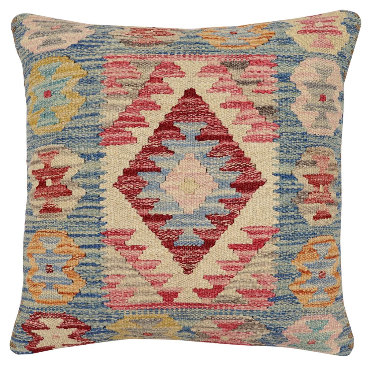 handmade Traditional Pillow Blue Beige Hand-Woven SQUARE 100% WOOL Hand woven turkish pillow2 x 2