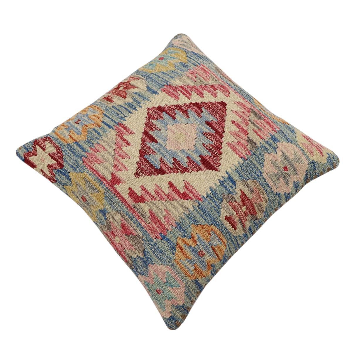 handmade Traditional Pillow Blue Beige Hand-Woven SQUARE 100% WOOL Hand woven turkish pillow2 x 2