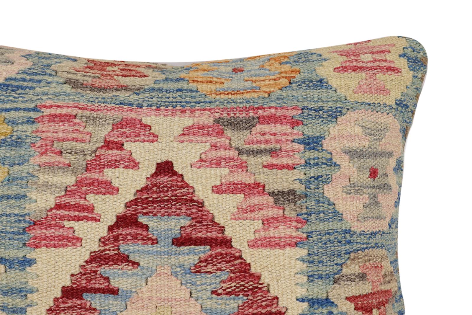 handmade Traditional Pillow Blue Beige Hand-Woven SQUARE 100% WOOL Hand woven turkish pillow2 x 2
