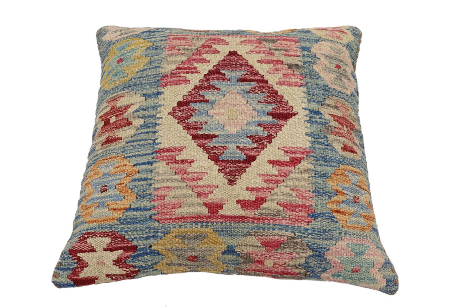 handmade Traditional Pillow Blue Beige Hand-Woven SQUARE 100% WOOL Hand woven turkish pillow2 x 2