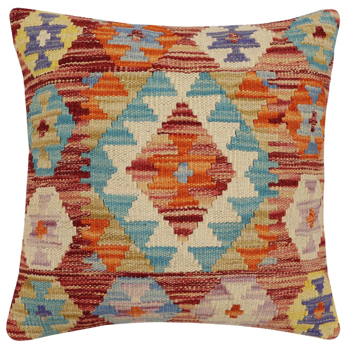 handmade Traditional Pillow Rust Blue Hand-Woven SQUARE 100% WOOL Hand woven turkish pillow2 x 2
