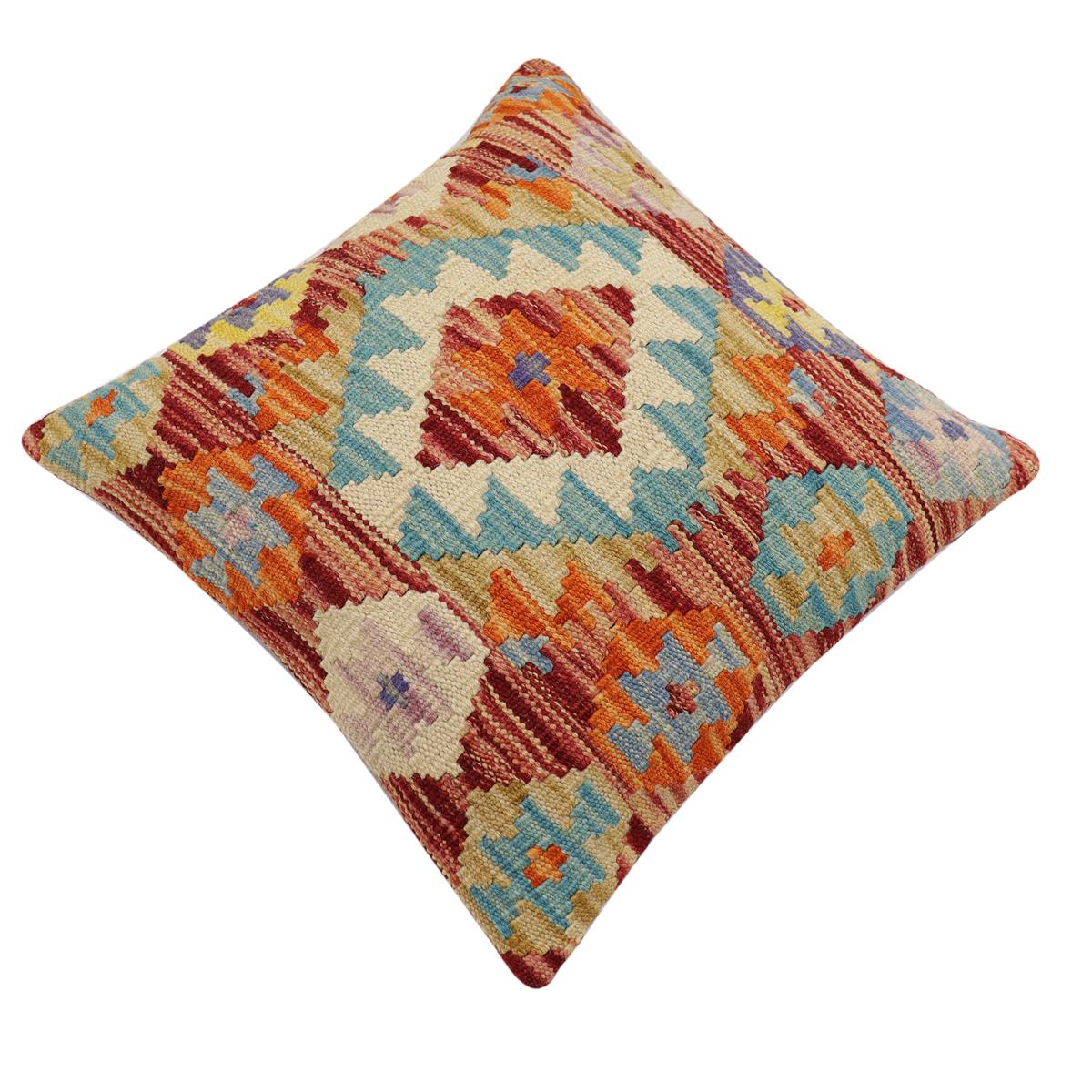 handmade Traditional Pillow Rust Blue Hand-Woven SQUARE 100% WOOL Hand woven turkish pillow2 x 2