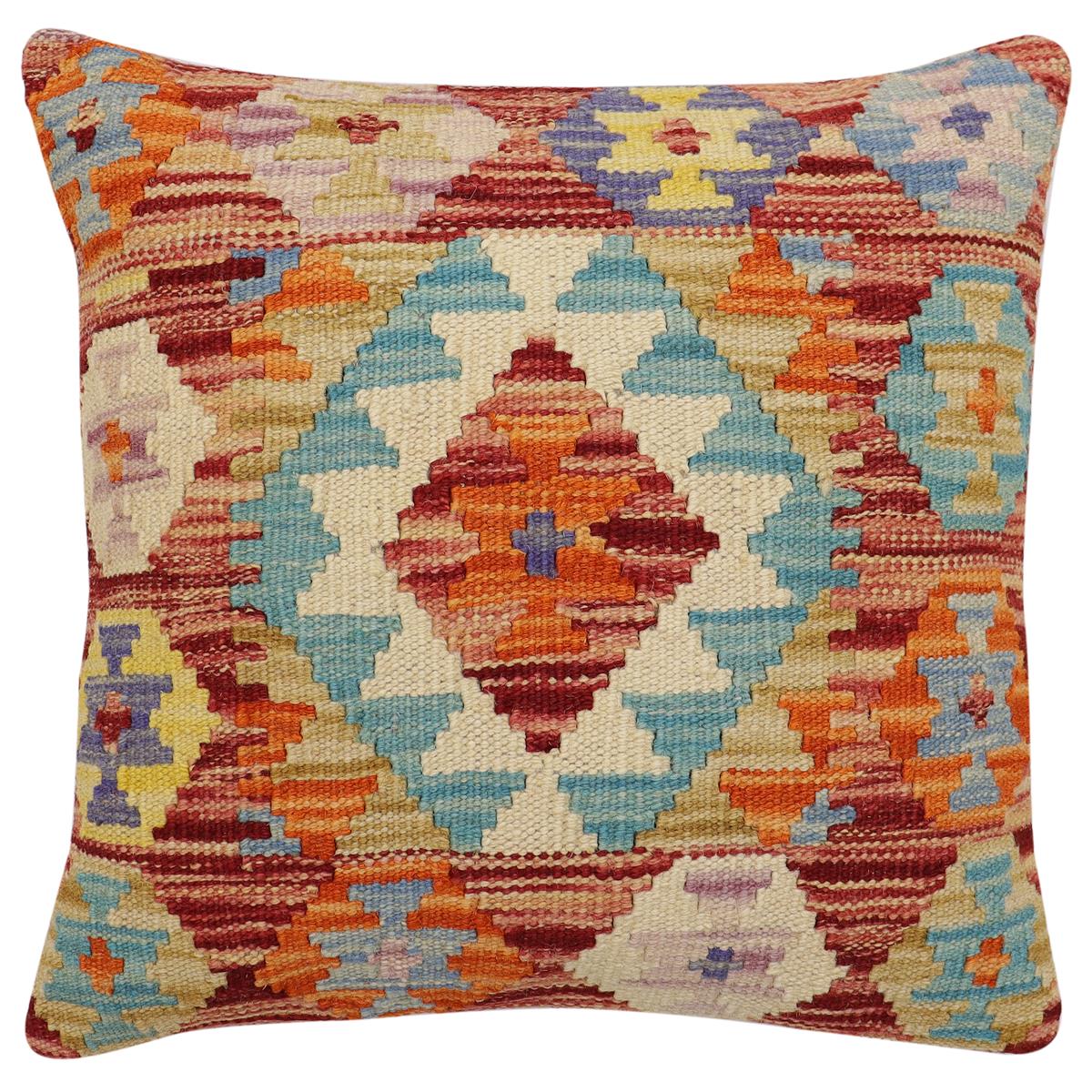handmade Traditional Pillow Rust Blue Hand-Woven SQUARE 100% WOOL Hand woven turkish pillow2 x 2