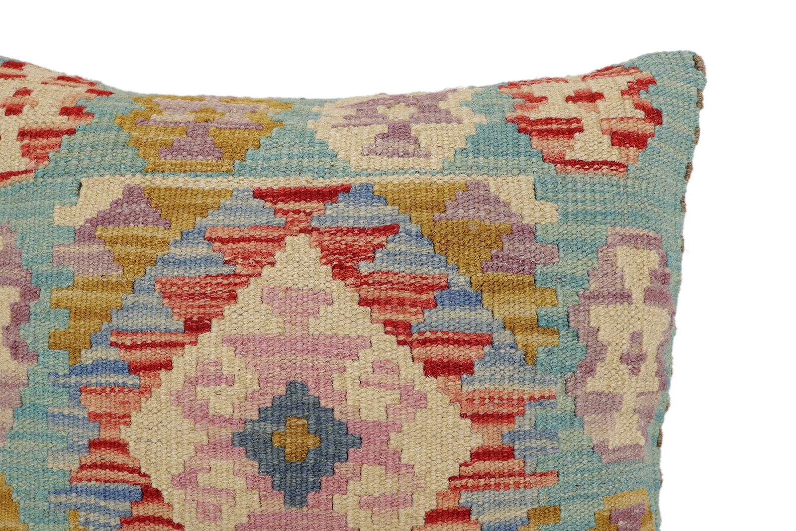handmade Traditional Pillow Blue Beige Hand-Woven SQUARE 100% WOOL Hand woven turkish pillow2 x 2