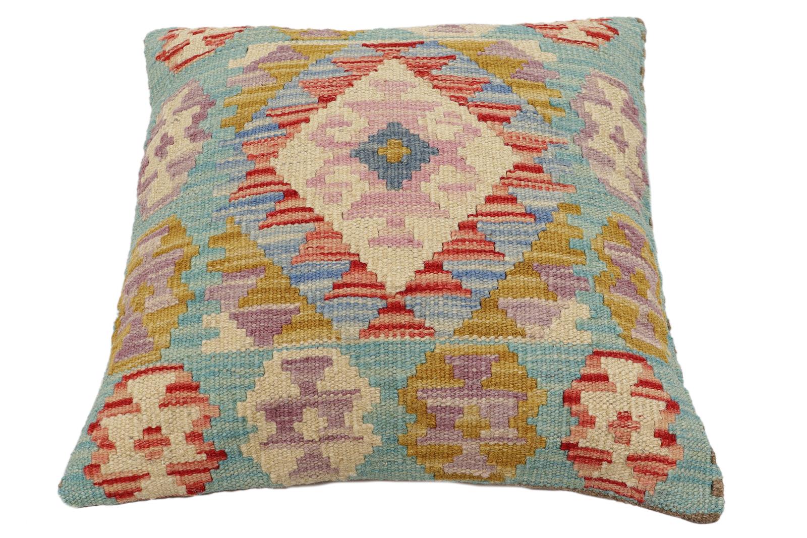 handmade Traditional Pillow Blue Beige Hand-Woven SQUARE 100% WOOL Hand woven turkish pillow2 x 2