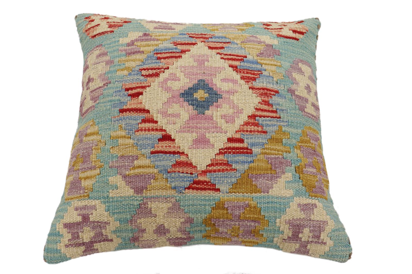 handmade Traditional Pillow Blue Beige Hand-Woven SQUARE 100% WOOL Hand woven turkish pillow2 x 2