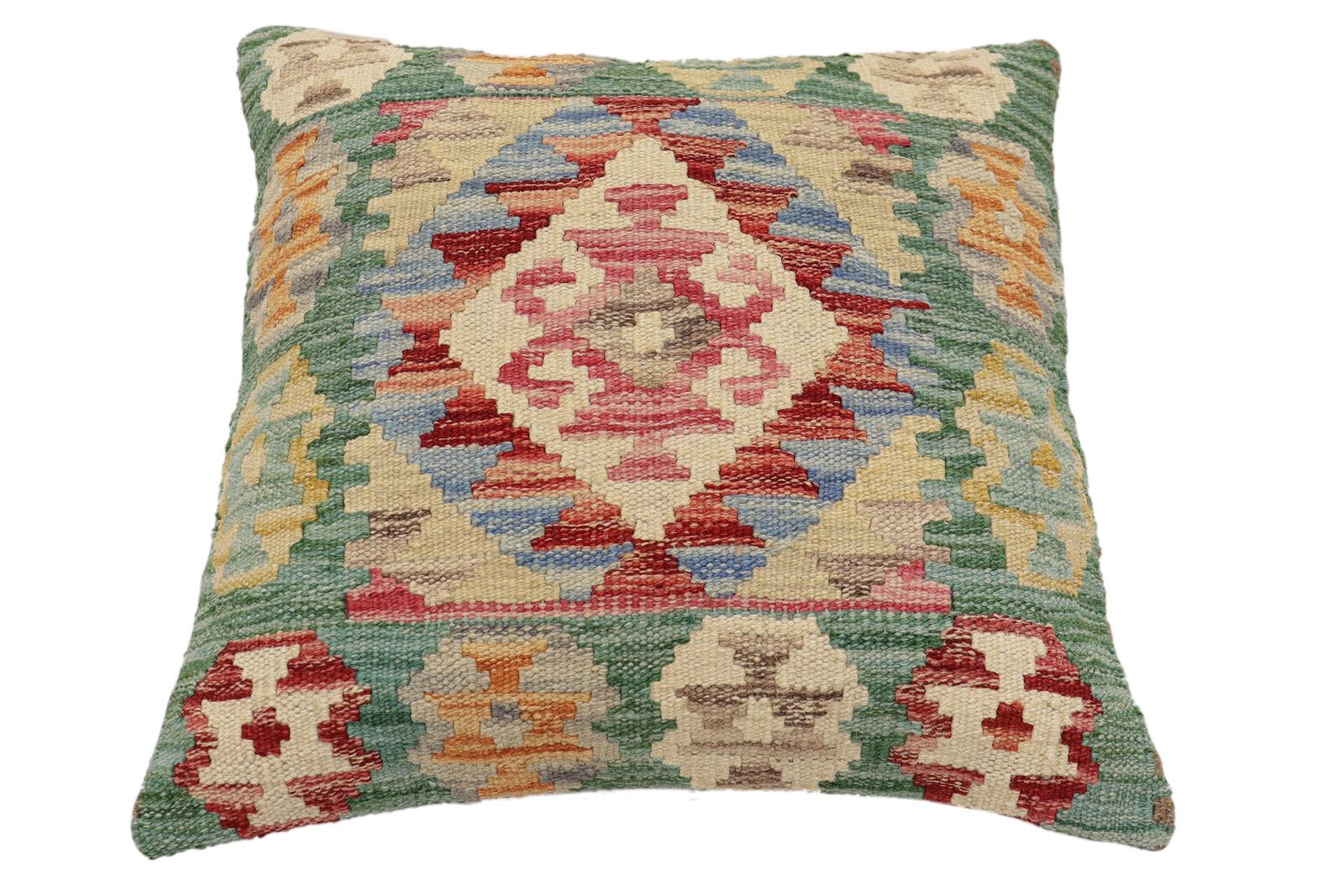 handmade Traditional Pillow Green Rust Hand-Woven SQUARE 100% WOOL Hand woven turkish pillow2 x 2