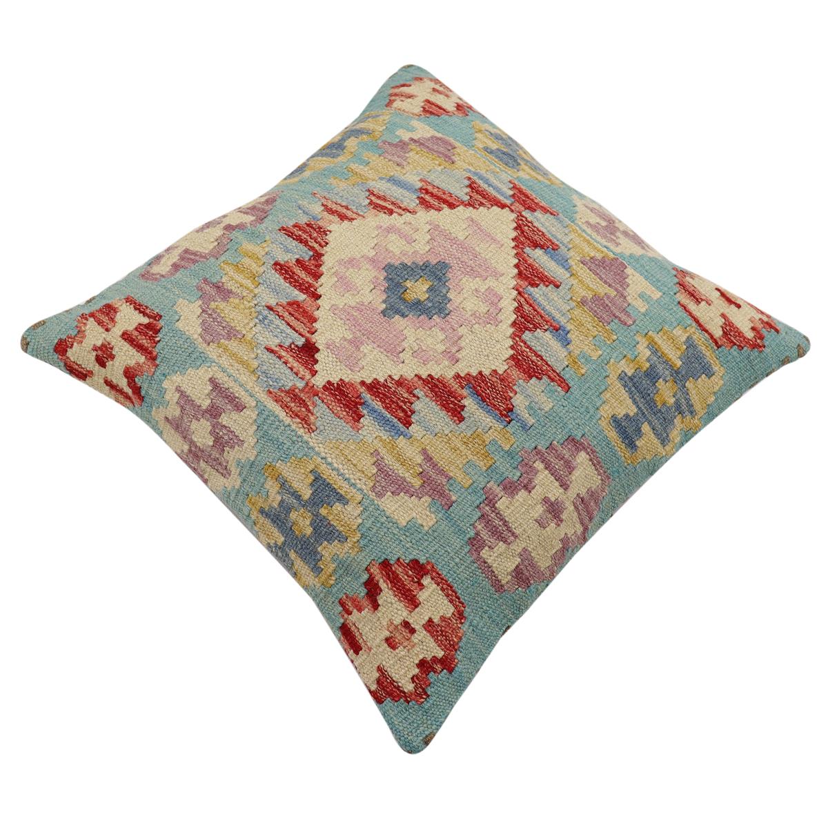 handmade Traditional Pillow Blue Beige Hand-Woven SQUARE 100% WOOL Hand woven turkish pillow2 x 2