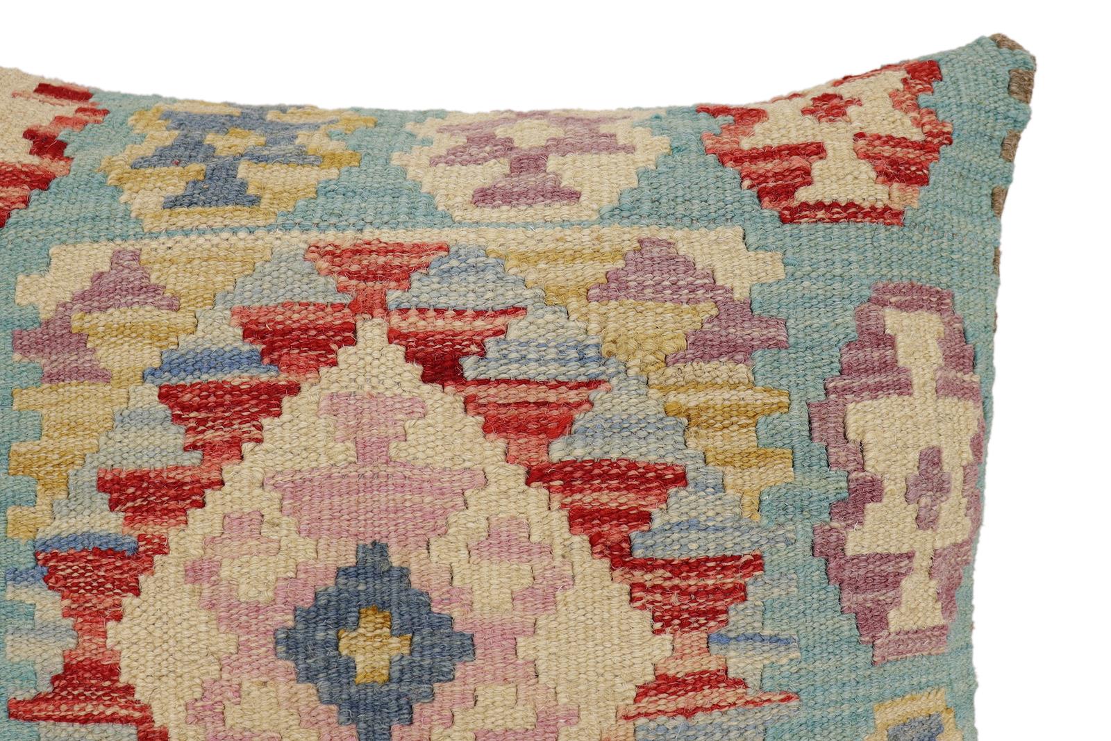 handmade Traditional Pillow Blue Beige Hand-Woven SQUARE 100% WOOL Hand woven turkish pillow2 x 2