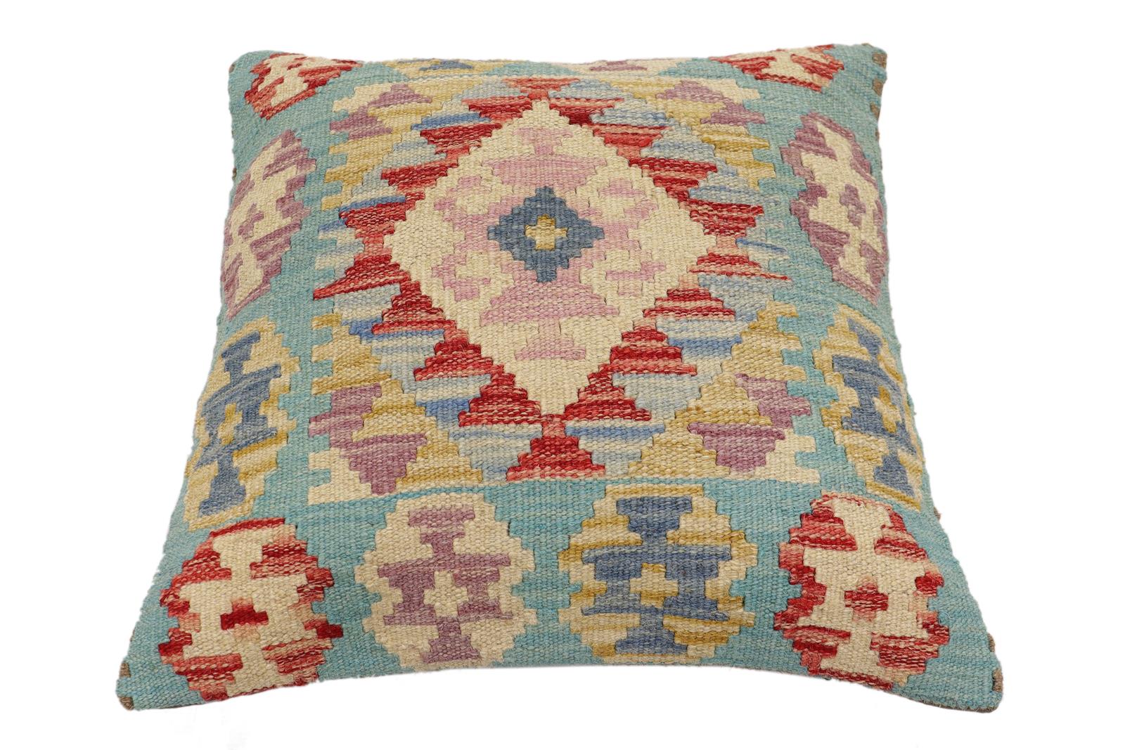 handmade Traditional Pillow Blue Beige Hand-Woven SQUARE 100% WOOL Hand woven turkish pillow2 x 2
