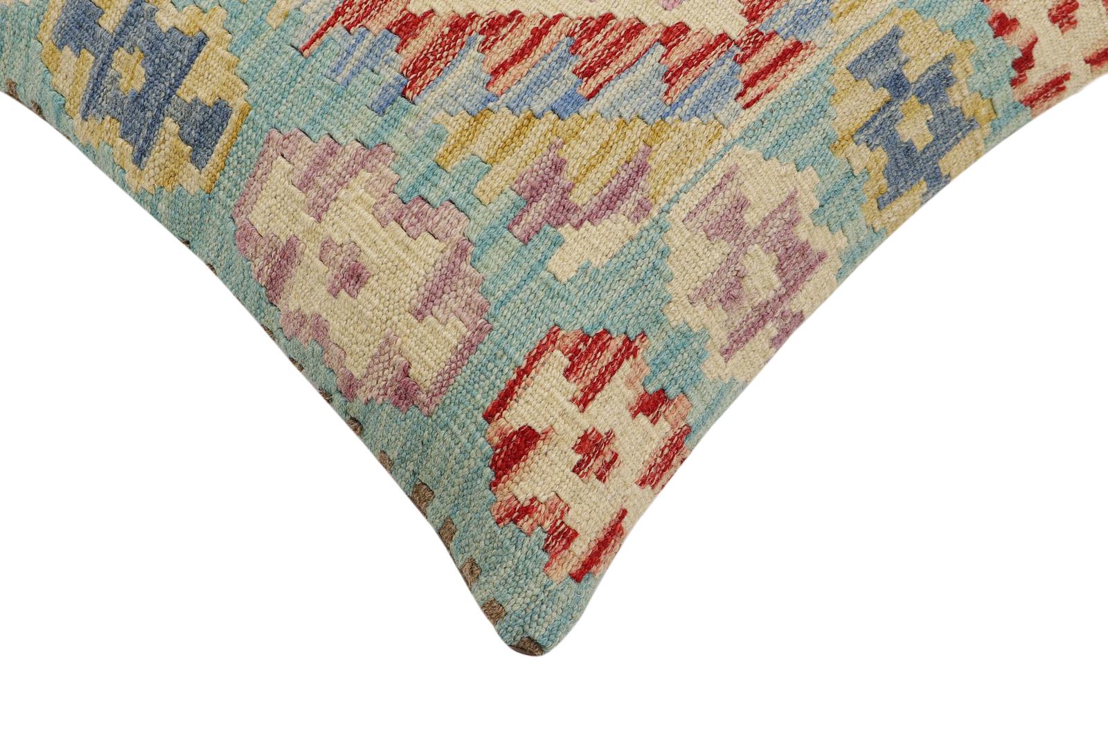 handmade Traditional Pillow Blue Beige Hand-Woven SQUARE 100% WOOL Hand woven turkish pillow2 x 2