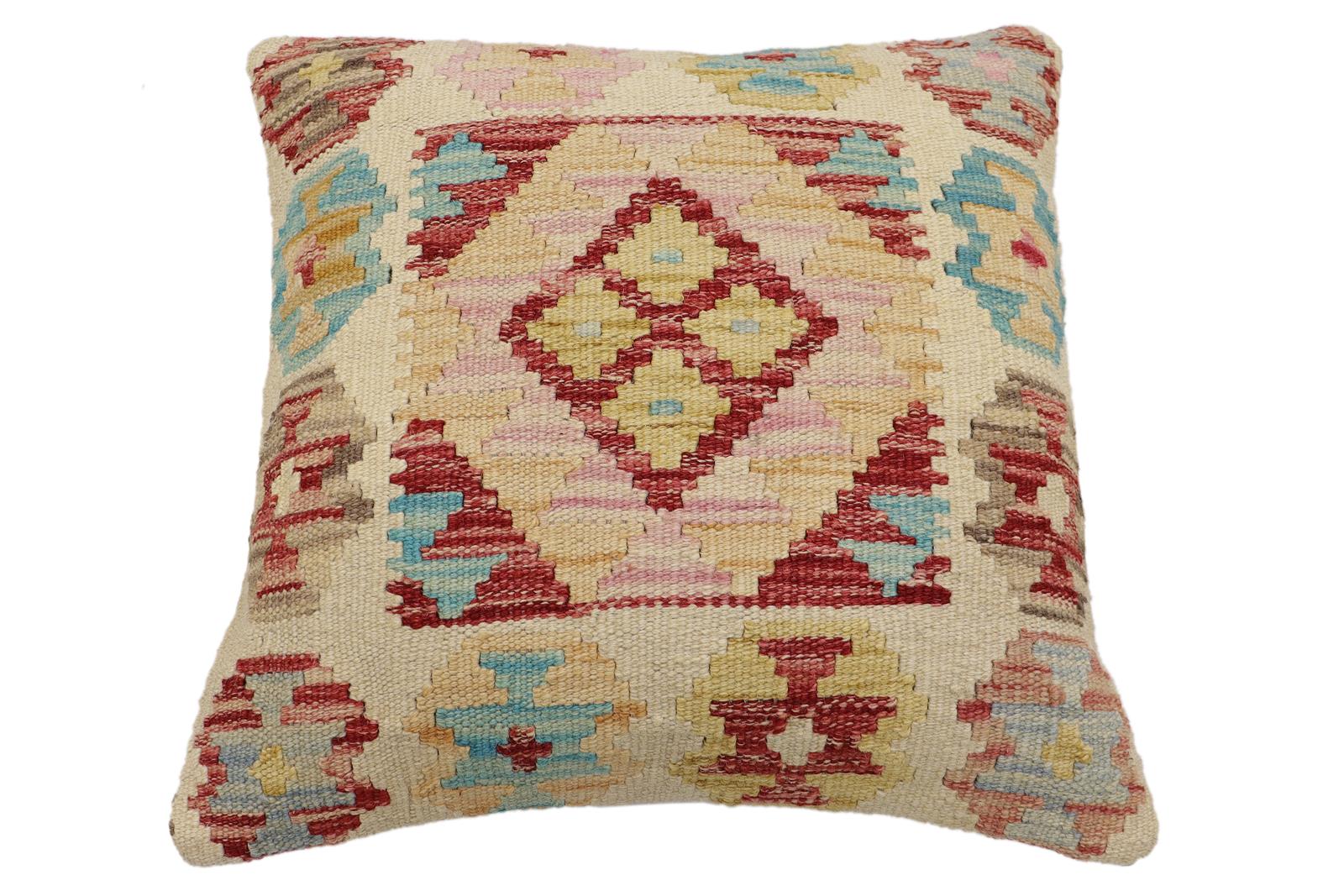 handmade Traditional Pillow Beige Red Hand-Woven SQUARE 100% WOOL Hand woven turkish pillow2 x 2
