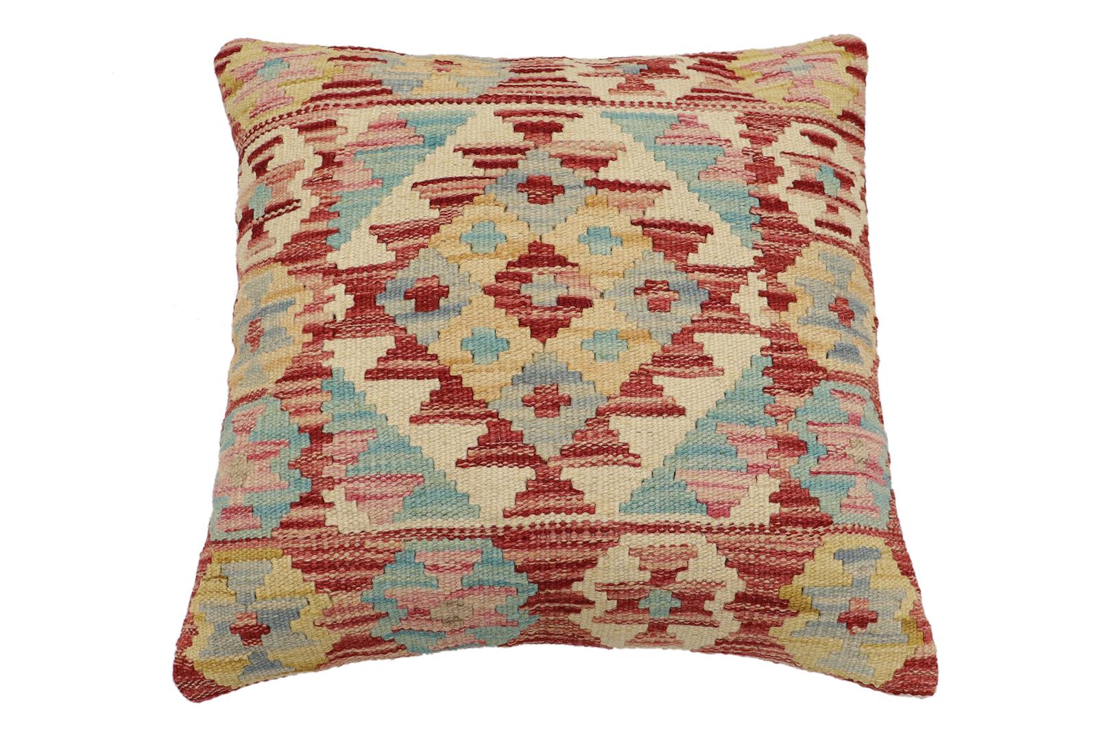 handmade Traditional Pillow Rust Blue Hand-Woven SQUARE 100% WOOL  Hand woven turkish pillow  2 x 2