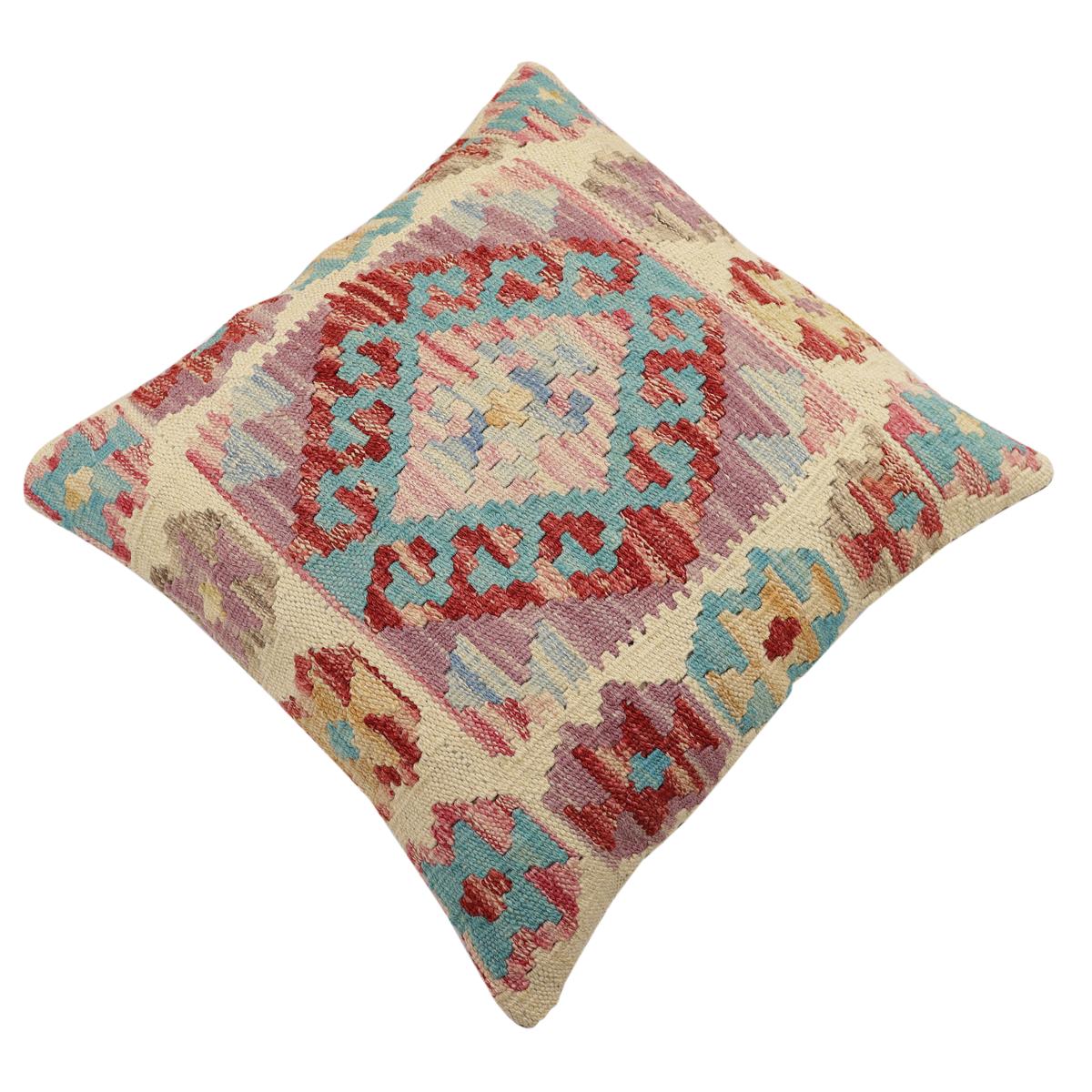 handmade Traditional Pillow Beige Blue Hand-Woven SQUARE 100% WOOL Hand woven turkish pillow2 x 2