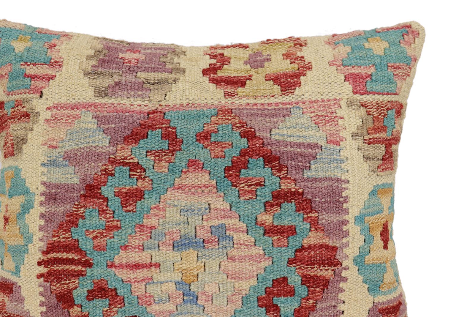handmade Traditional Pillow Beige Blue Hand-Woven SQUARE 100% WOOL Hand woven turkish pillow2 x 2