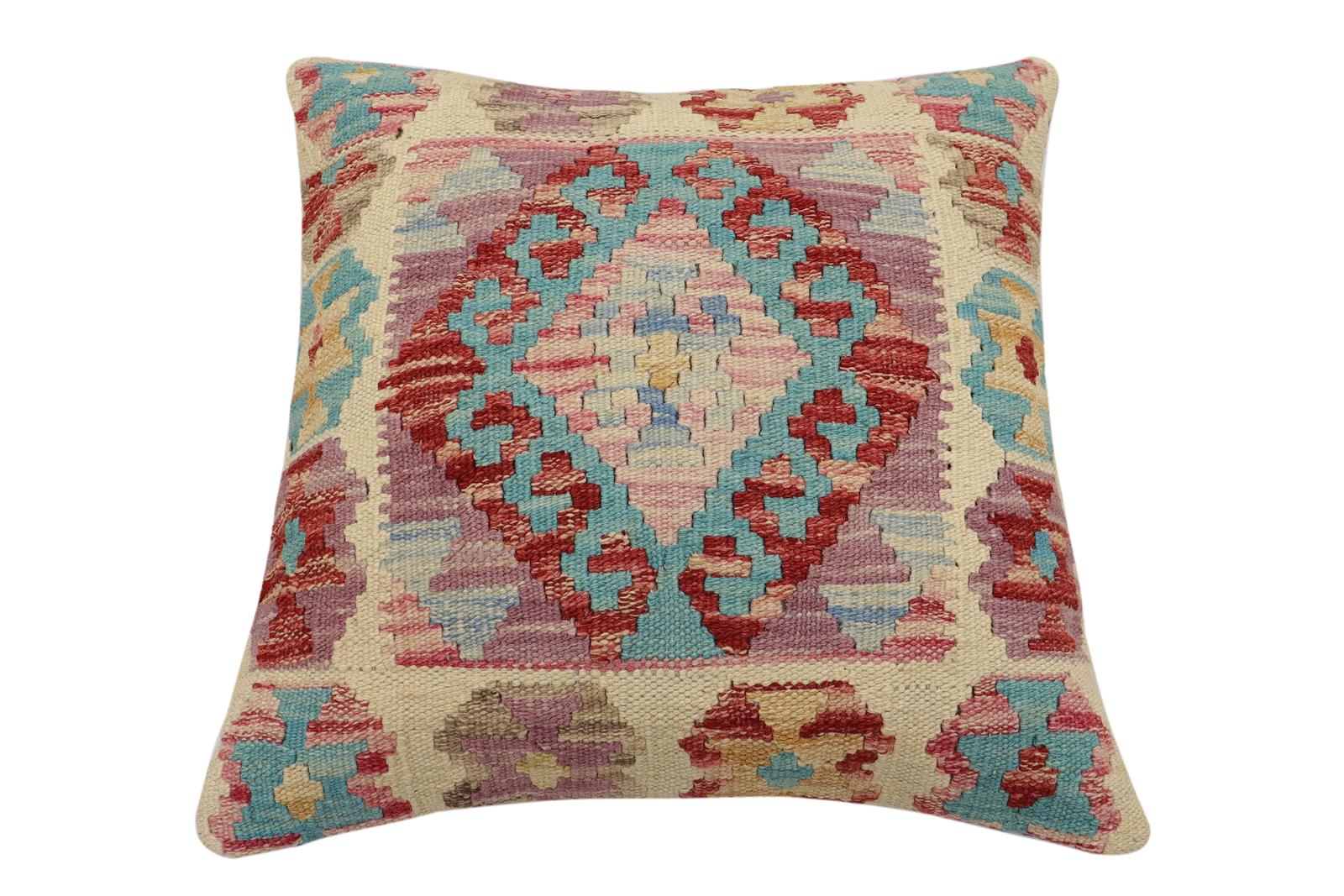 handmade Traditional Pillow Beige Blue Hand-Woven SQUARE 100% WOOL Hand woven turkish pillow2 x 2