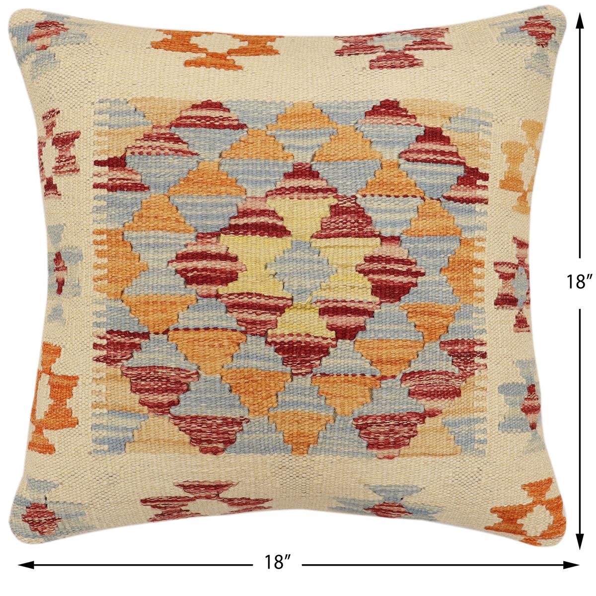 handmade Traditional Pillow Beige Blue Hand-Woven SQUARE 100% WOOL Hand woven turkish pillow2 x 2